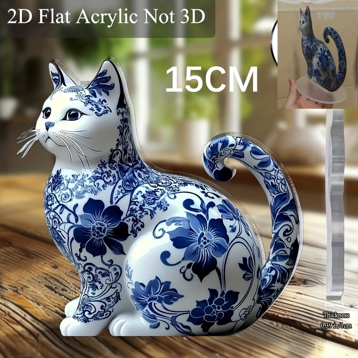 Elegant Blue White Porcelain Cat Acrylic Desk Decor, 2D Flat Art Design, Boho Style for Home Office Bar Cafe, Perfect Gift for Cat Lovers, Valentine