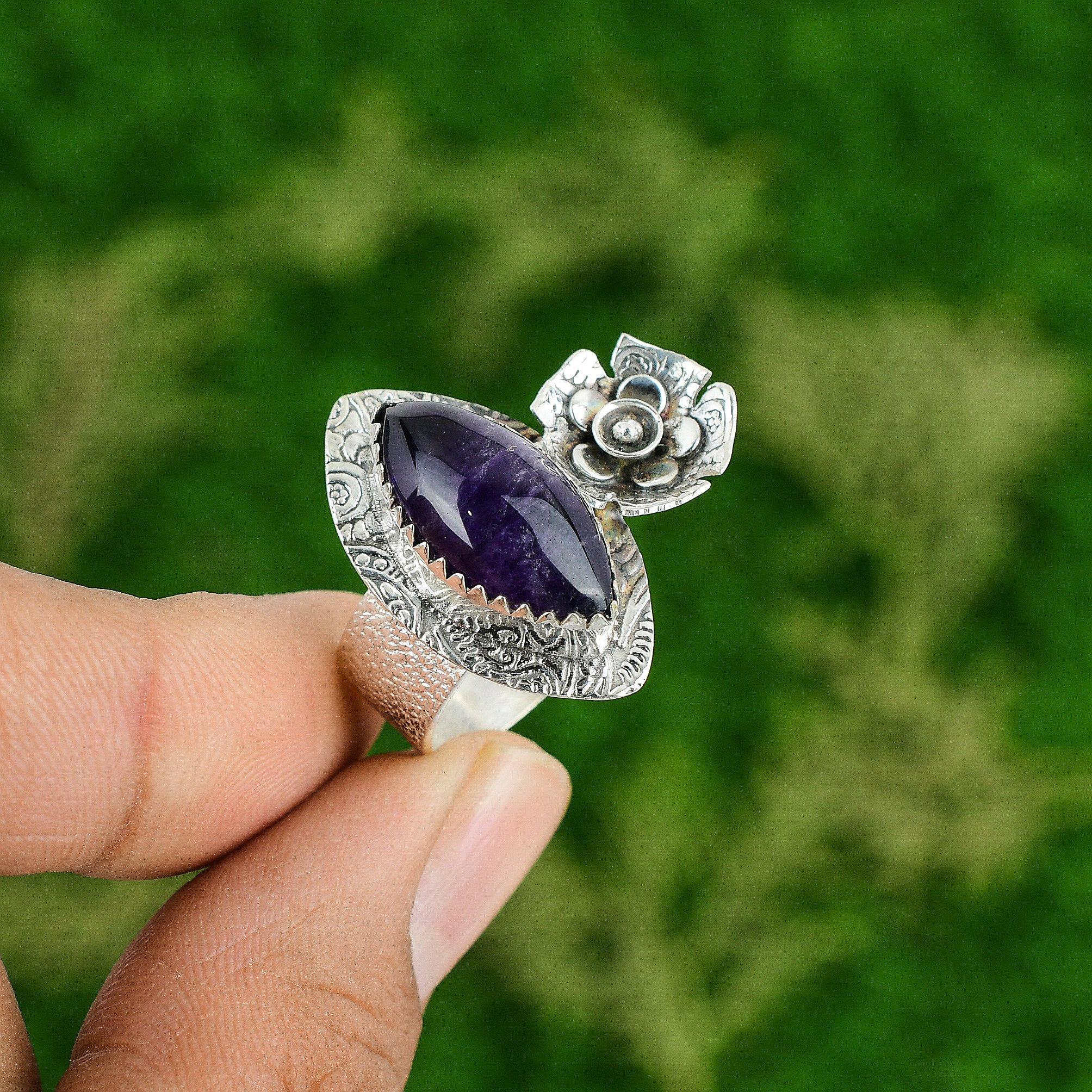 Natural African Amethyst Gemstone Stackable Flower Ring Size 6.75 925 Silver