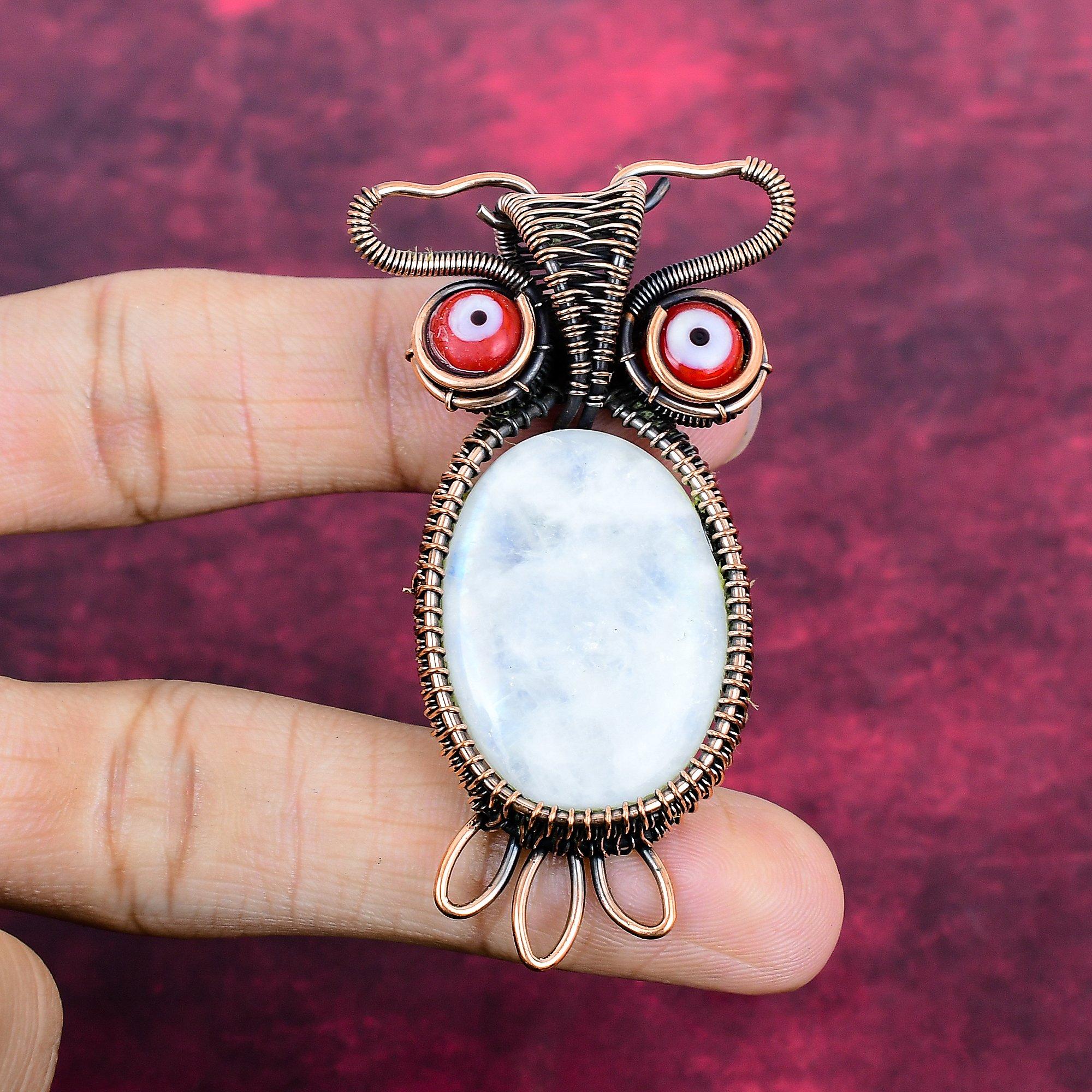 Rainbow Moonstone & Red Color Evil Eye Pendant Copper Wire Wrapped Owl Jewelry