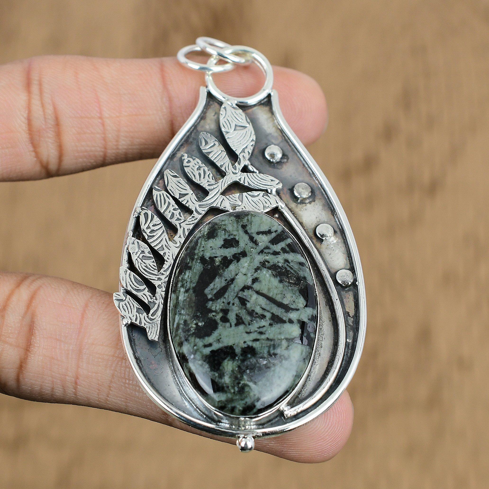 Natural Green Rice Jasper Gemstone Pendant 925 Sterling Silver Jewelry For Girls