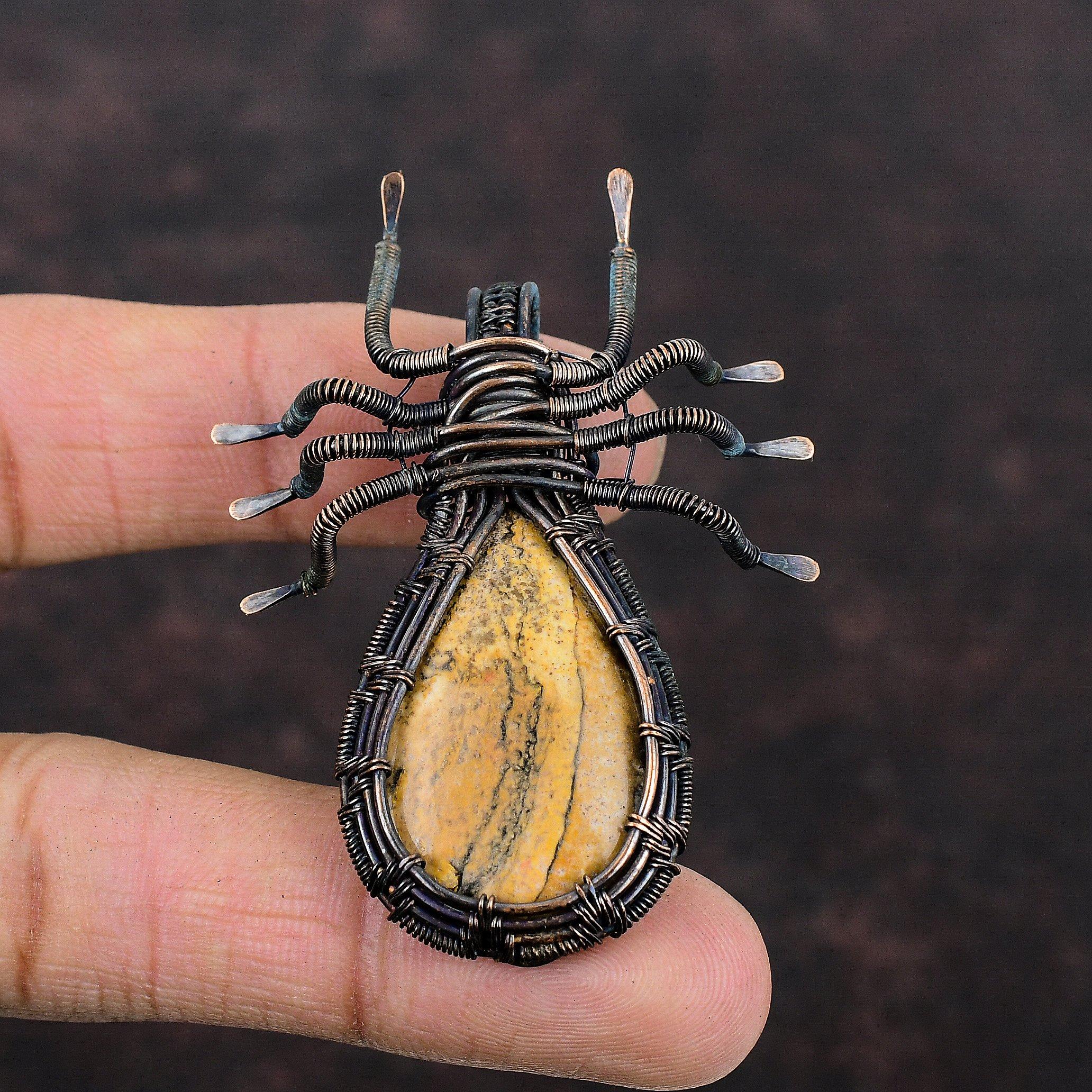 Picture Jasper Gemstone Pendant Copper Wire Wrapped Pendant Women Pendant Copper Wire Wrap Jewelry Pendant For Gift Handmade Spider Jewelry