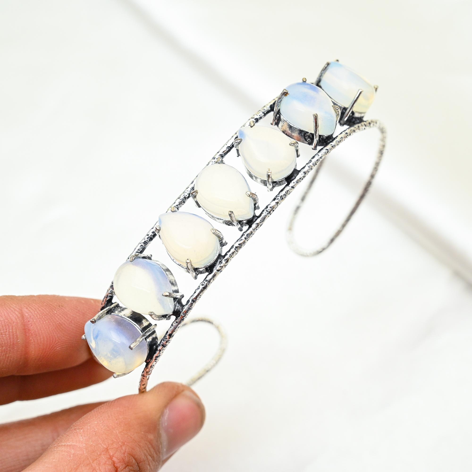 Bracelet en argent sterling massif 925 avec opale laiteuse réglable, bijoux en pierres précieuses faits à la main, cadeau pour maman, bijoux anciens
