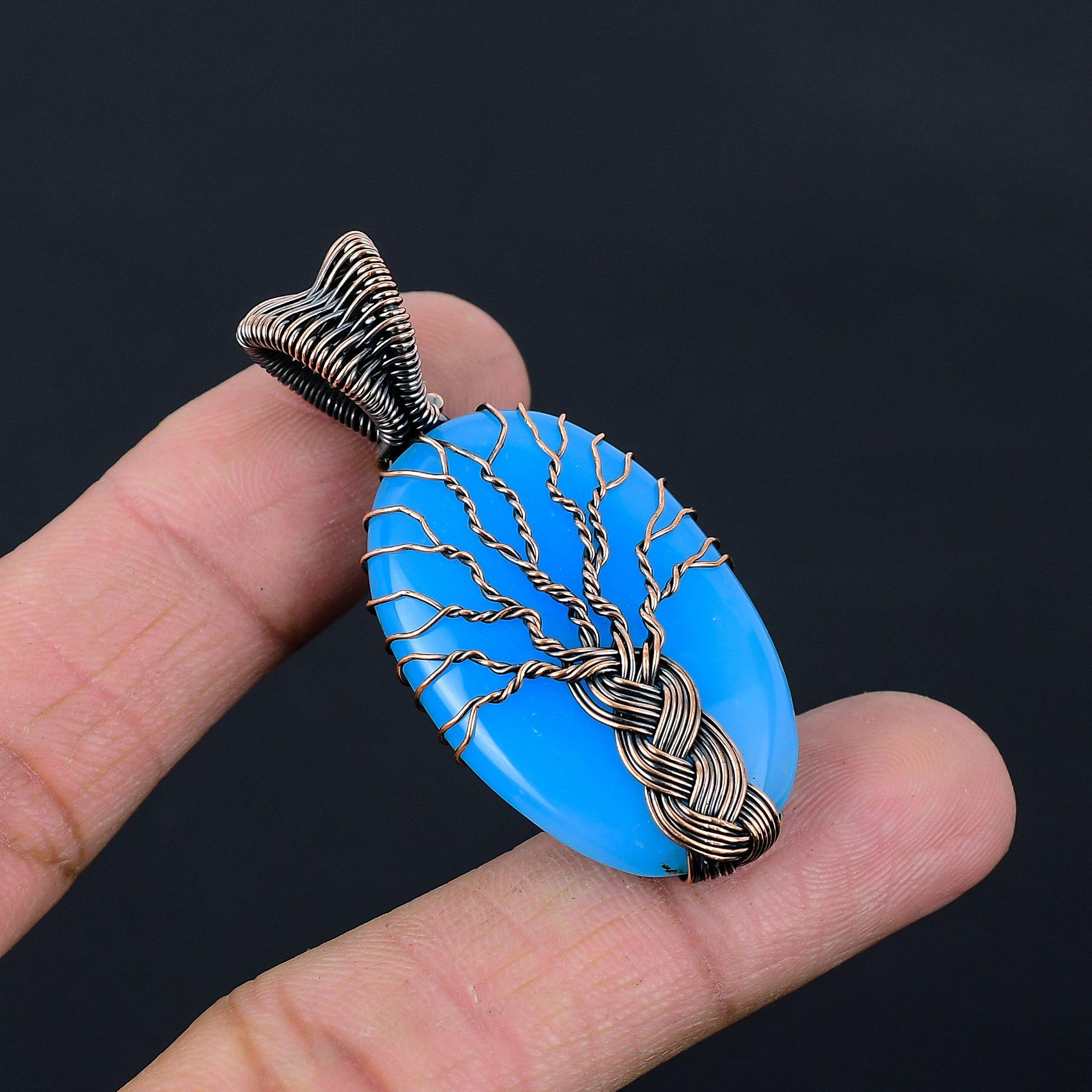 Tree Of Life Blue Chalcedony Gemstone Pure Copper Wire Wrap Handmade Jewelry Pendant For Her