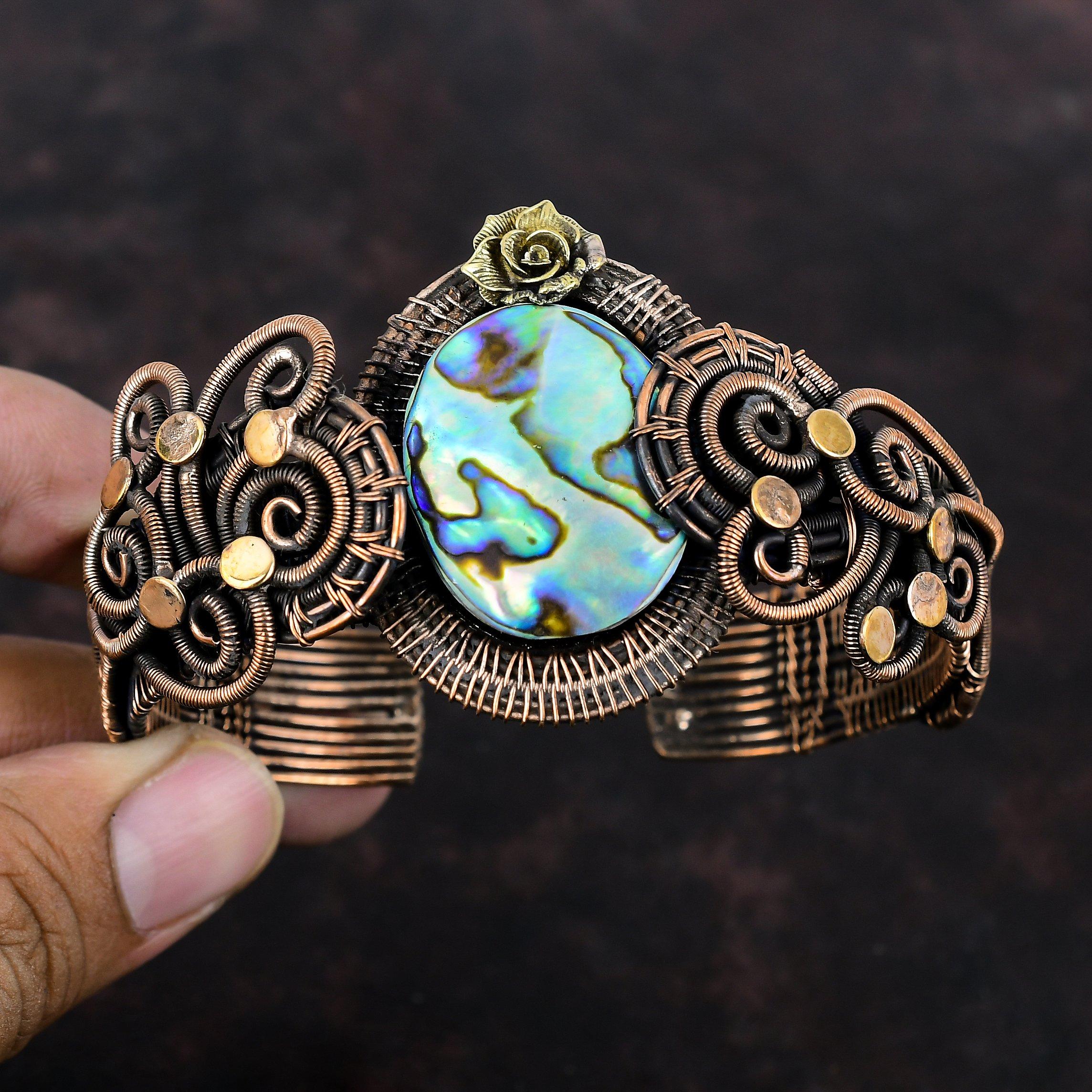 Abalone Shell Gemstone Bangle Copper Wire Wrapped Cuff Bracelet Flower Adjustable Bangle Handmade Copper Jewelry Engagement Gift Wire Bangle