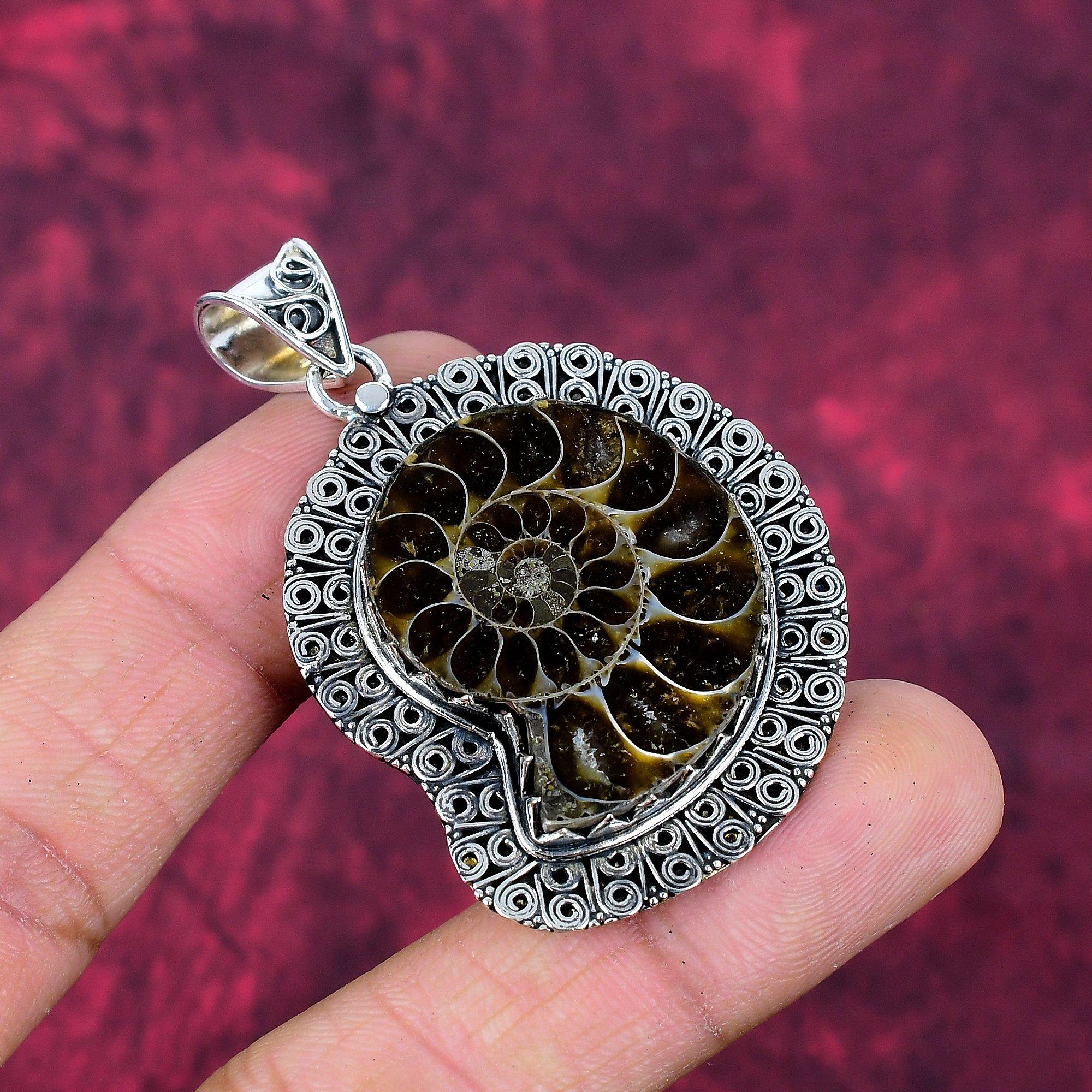 Ασημένιο μενταγιόν Ammonite Fossil 925, Χειροποίητο μενταγιόν με πολύτιμους λίθους για την Ημέρα Μνήμης