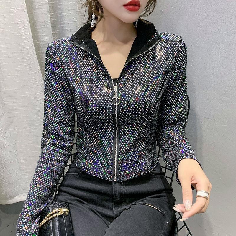 Fashion Glitter Sequined Short Jacket Women Slim Sexy Long Sleeve Zipper Coat Spring Autumn