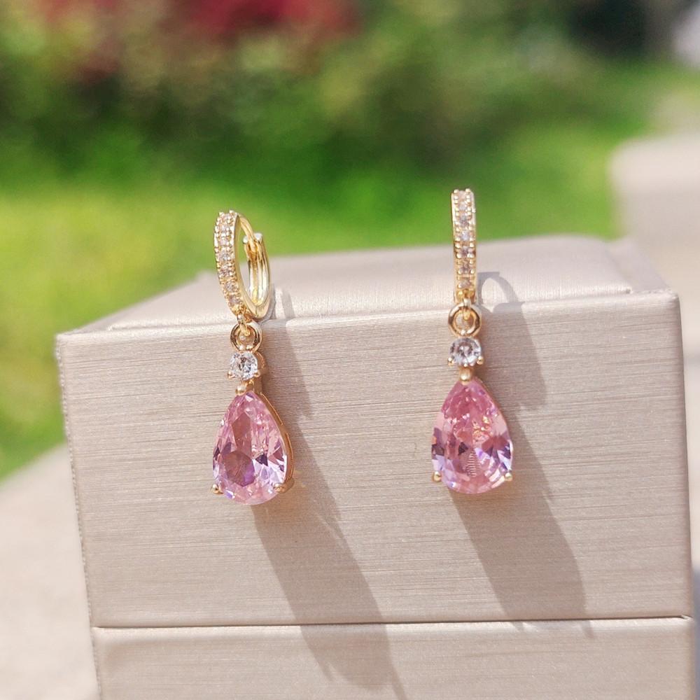 1 paio di orecchini pendenti di lusso a forma di goccia rosa con zirconi cubici per accessori per gioielli da sposa da donna