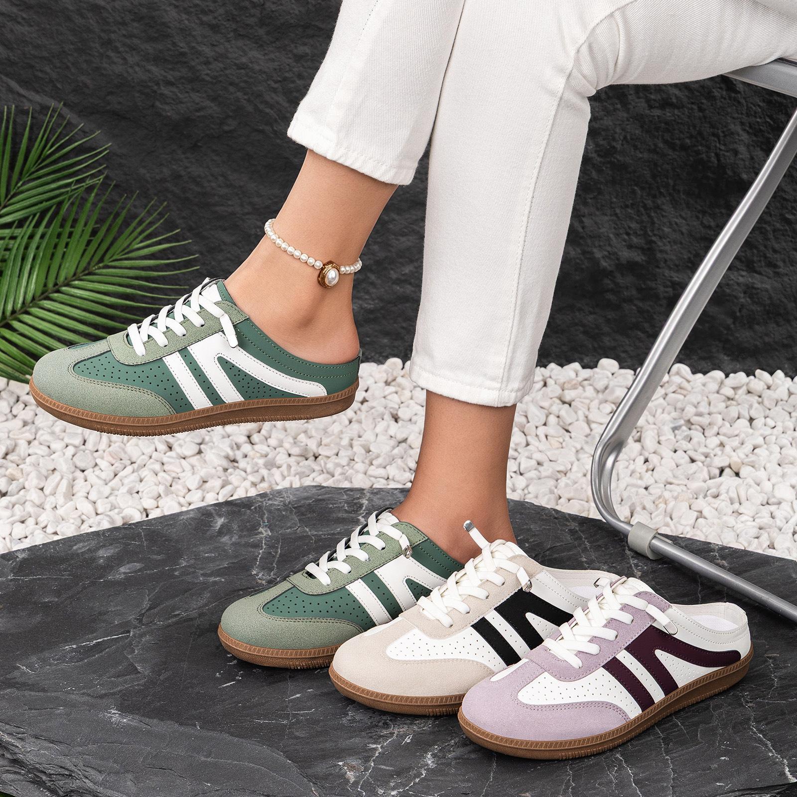 Women Retro Color Block Slip On German Trainer Mule Slippers, Breathable Soft Sole Versatile Casual Summer Walking Shoes