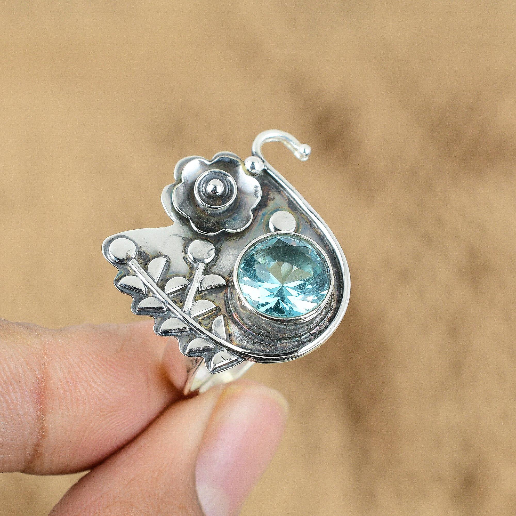Natural Swiss Blue Topaz Multi Stone Flower Adjustable Ring 925 Silver