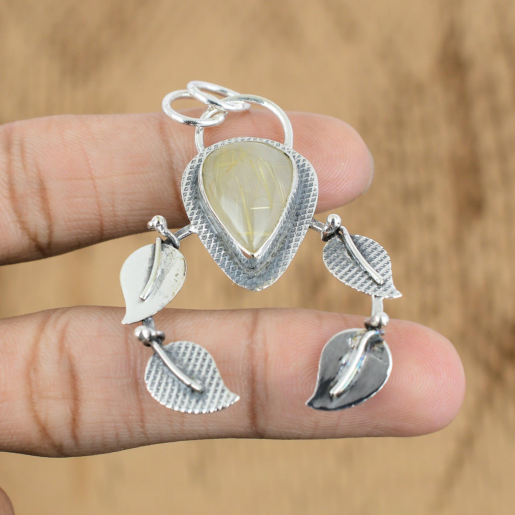 Natural Golden Rutile Gemstone Pendant 925 Sterling Silver Jewelry For Girls