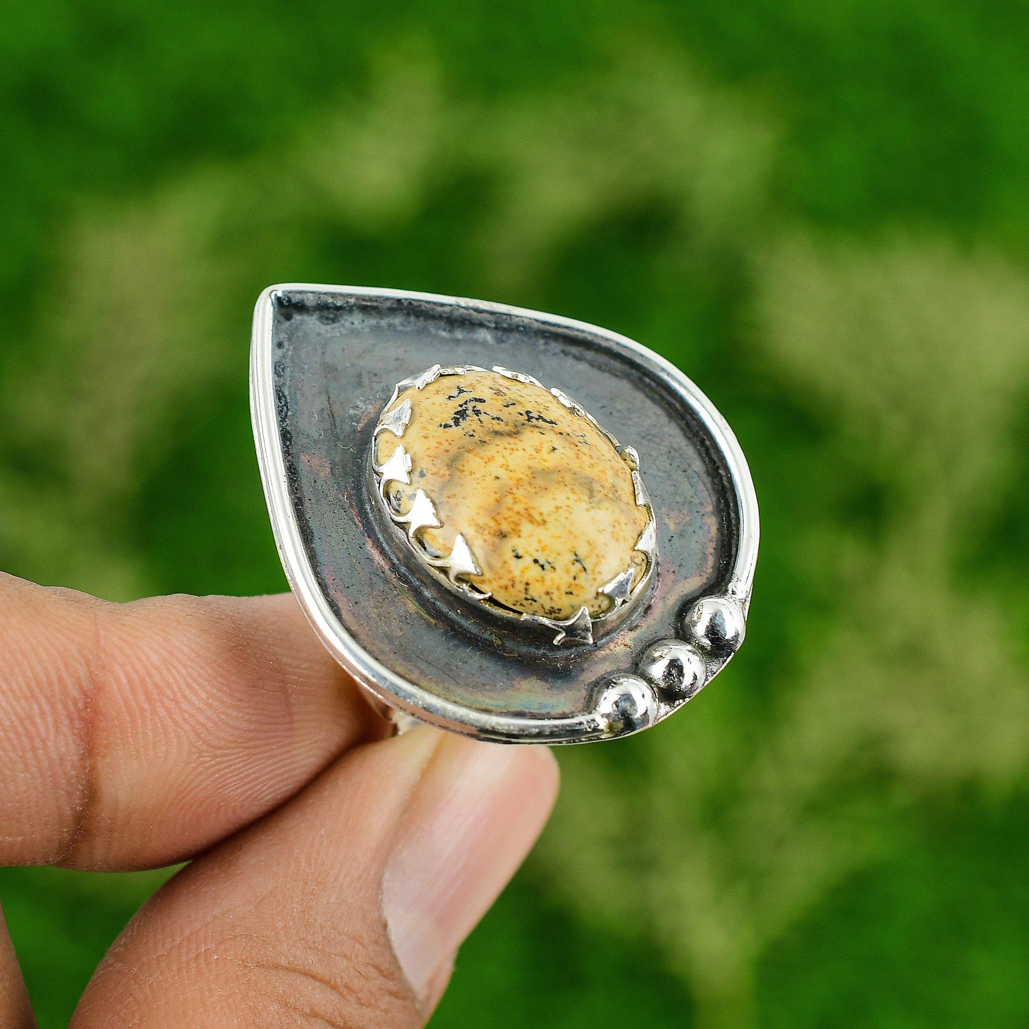 Gift For Her 925 Silver Natural Picture Jasper Stackable Adjustable Ring