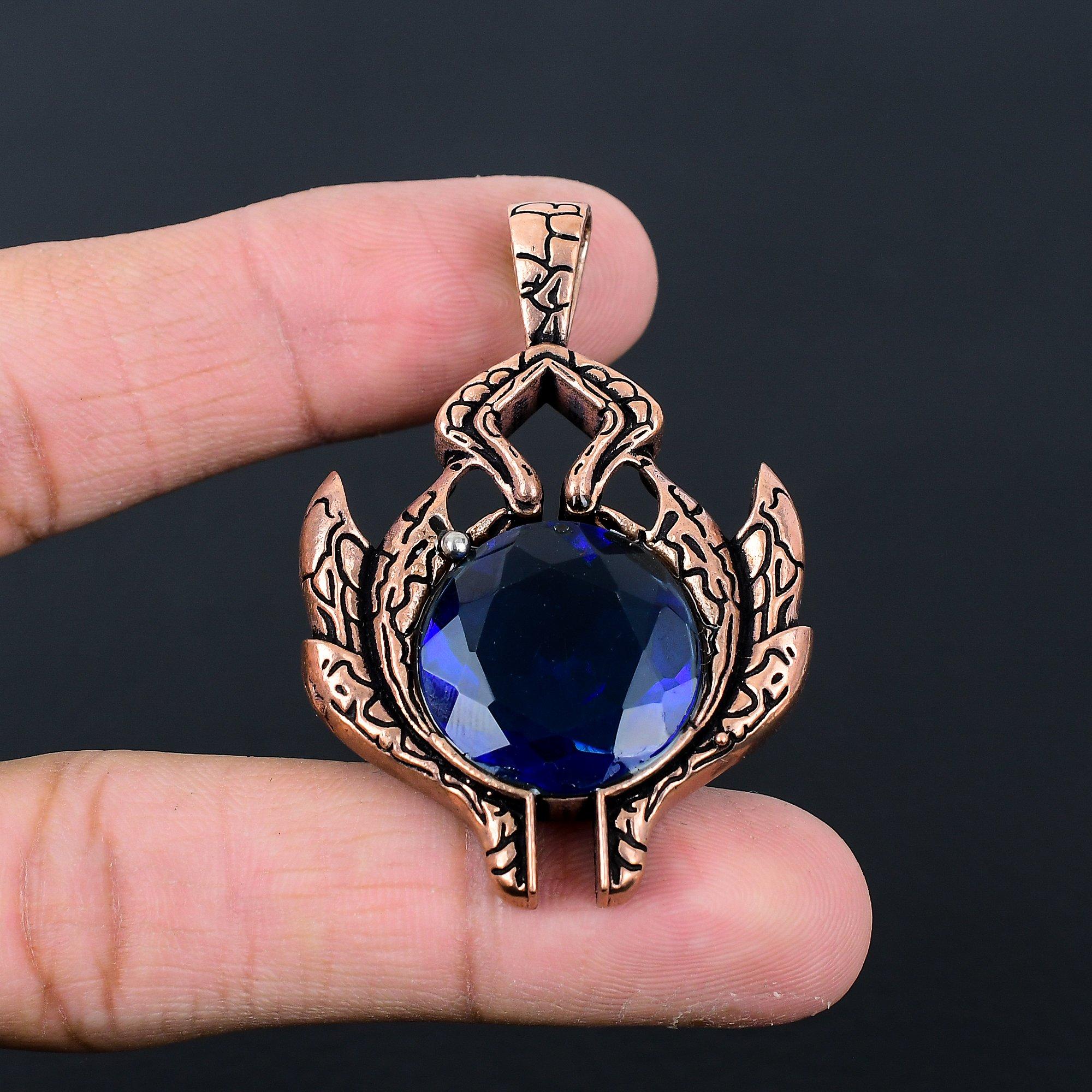 Unique London Blue Topaz Gemstone Handmade Jewelry Pure Copper Wire Wrapped Pendant