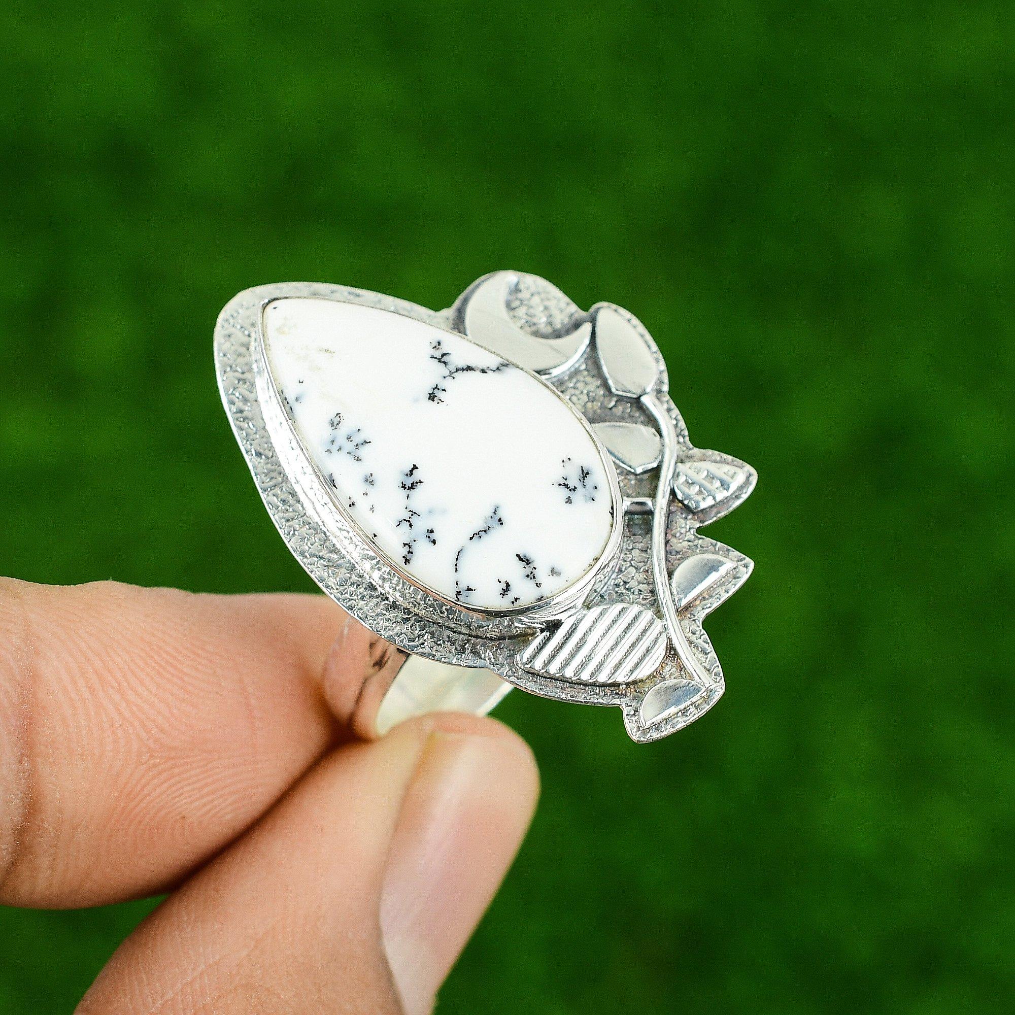 Natural Dendrite Opal New Cescent Moon Statement Mother Ring Jewelry 925 Silver