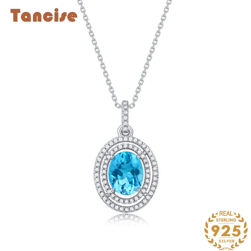 Tancise S925 Sterling Silver Sea Blue Topaz Luxury Personality Pendant Necklace Women's Classic Tide Sugar Full of Wild Clavicle Chain.