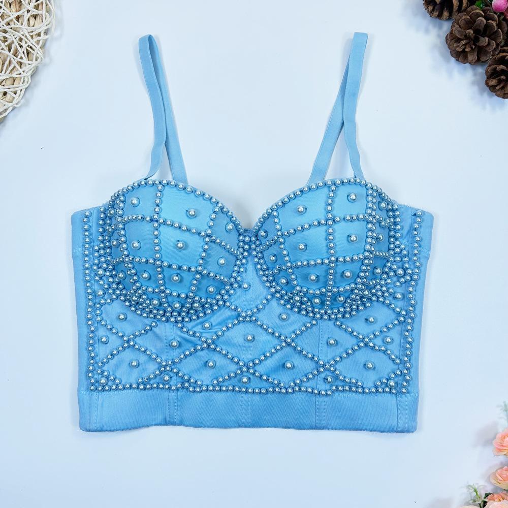 Women's Sexy Fashion Pearl Vest Women Wear Outside and Inside with Beautiful Halter Belt Gathering Vest