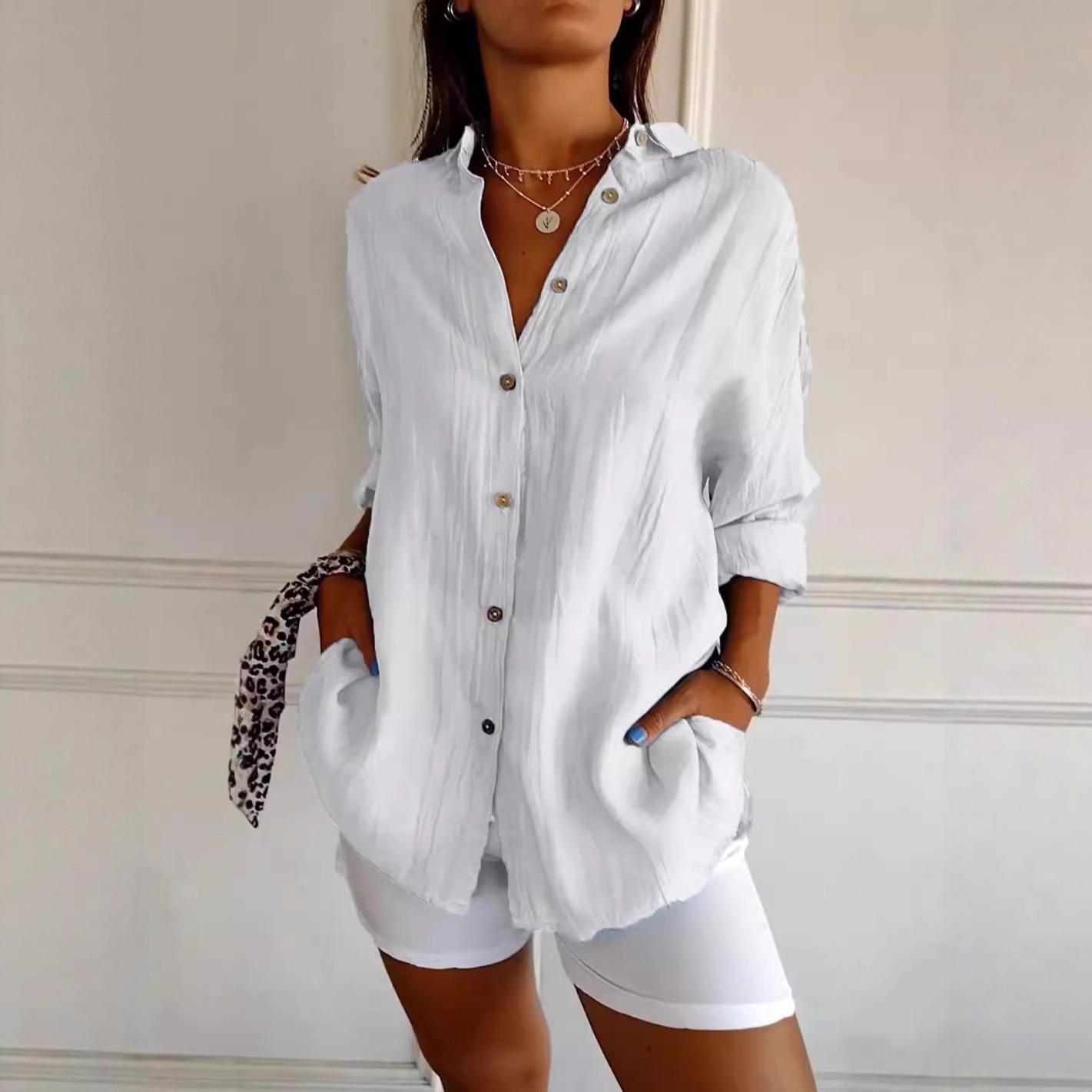 Women Solid Lapel Pleated Blouse, Single Breasted Rollable Long Sleeve Shirt