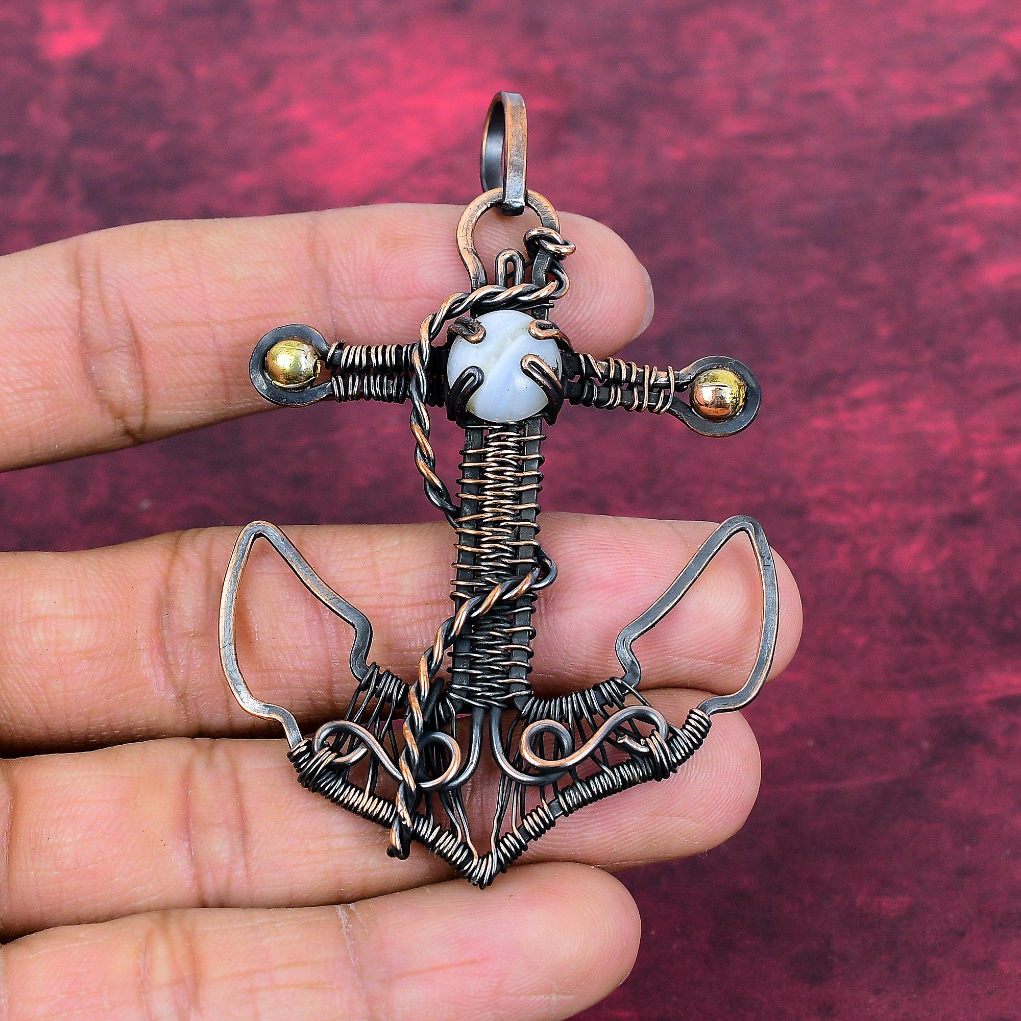 Blue Lace Agate Pendant Gemstone Pendant Copper Wire Wrapped Jewelry Anchor Pendant
