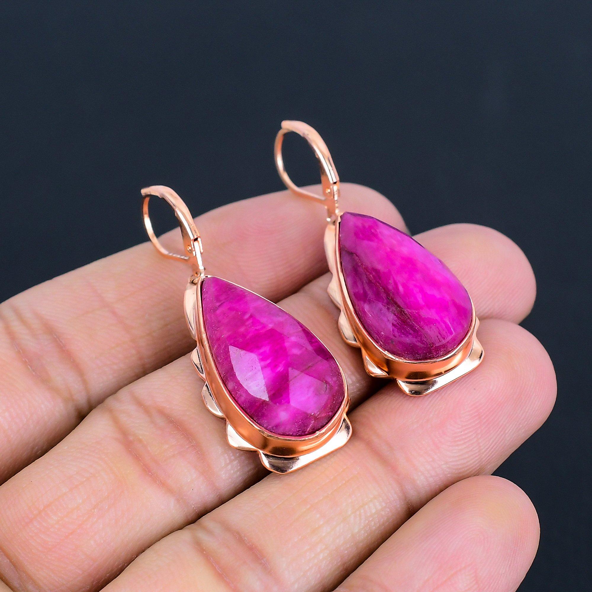 Faceted Ruby Gemstone Copper Jewelry Handmade Women Earring Gift For Her