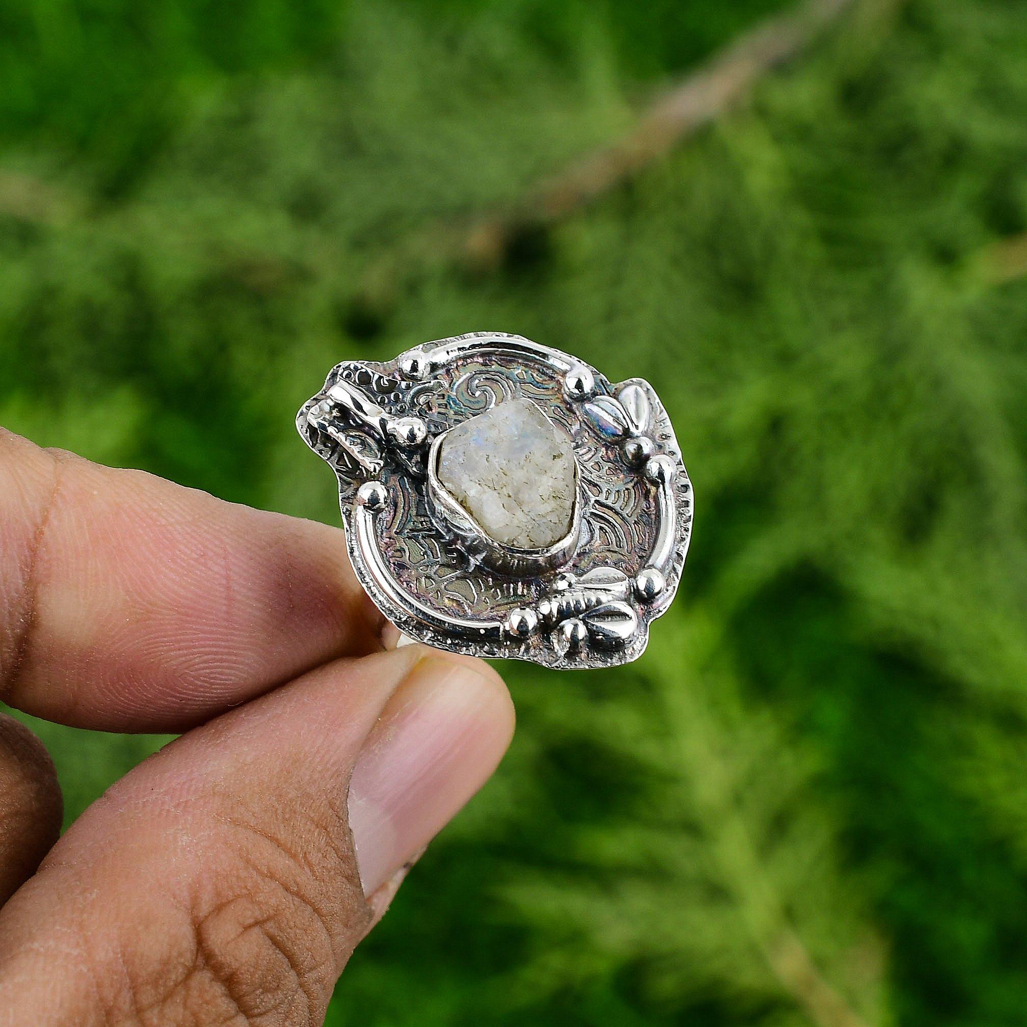 Natural Rainbow Moonstone Rough Stackable Adjustable Ring 925 Silver