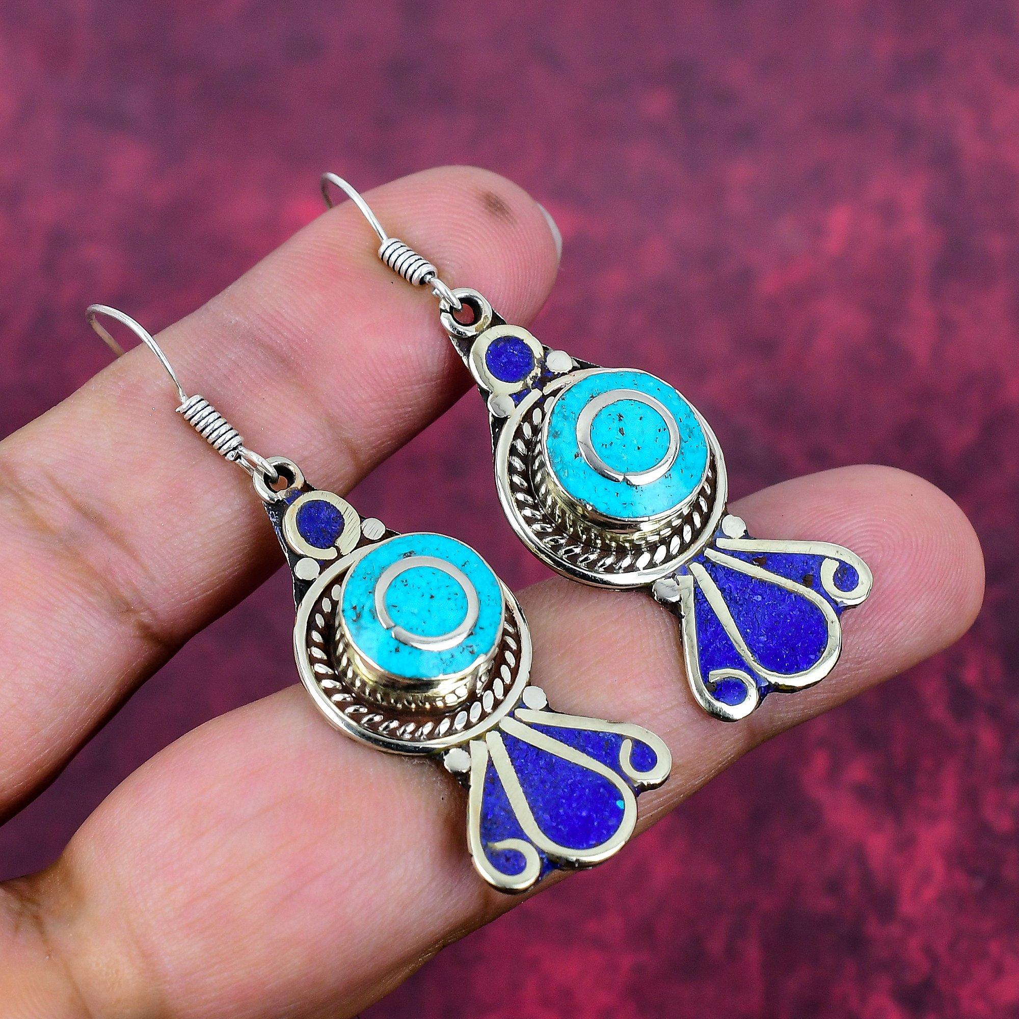 Turquoise & Lapis Lazuli Earrings, 925 Solid Sterling Silver Gemstone Jewelry, Handmade Earrings, For Thanksgiving