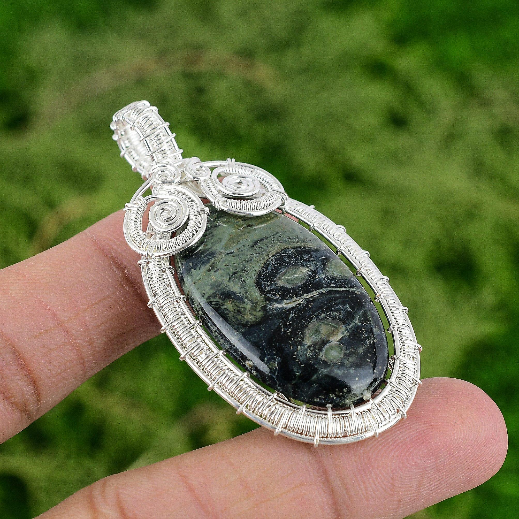 Daughters Day Deal 925 Silver Oval Kambaba Jasper Stone Wire Wrapping Pendant