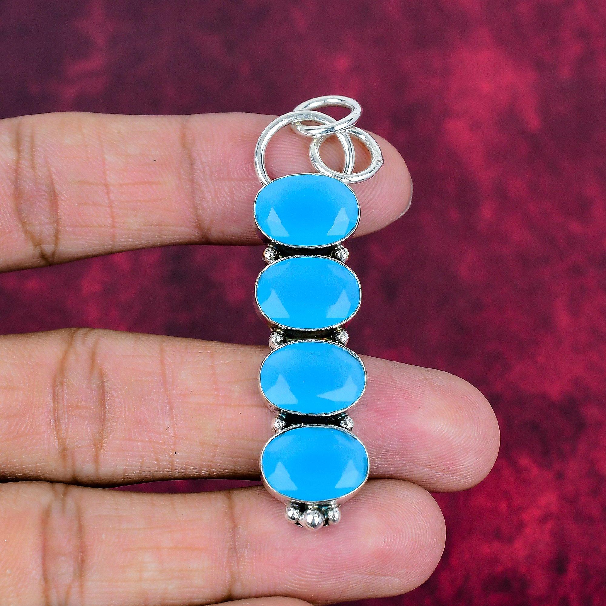 Blå Kalcedon 925 Äkta Sterling Silver Hänge, Handgjort Ädelstenshänge Smycken, Gåvor Till Fru Helt Nytt Hänge