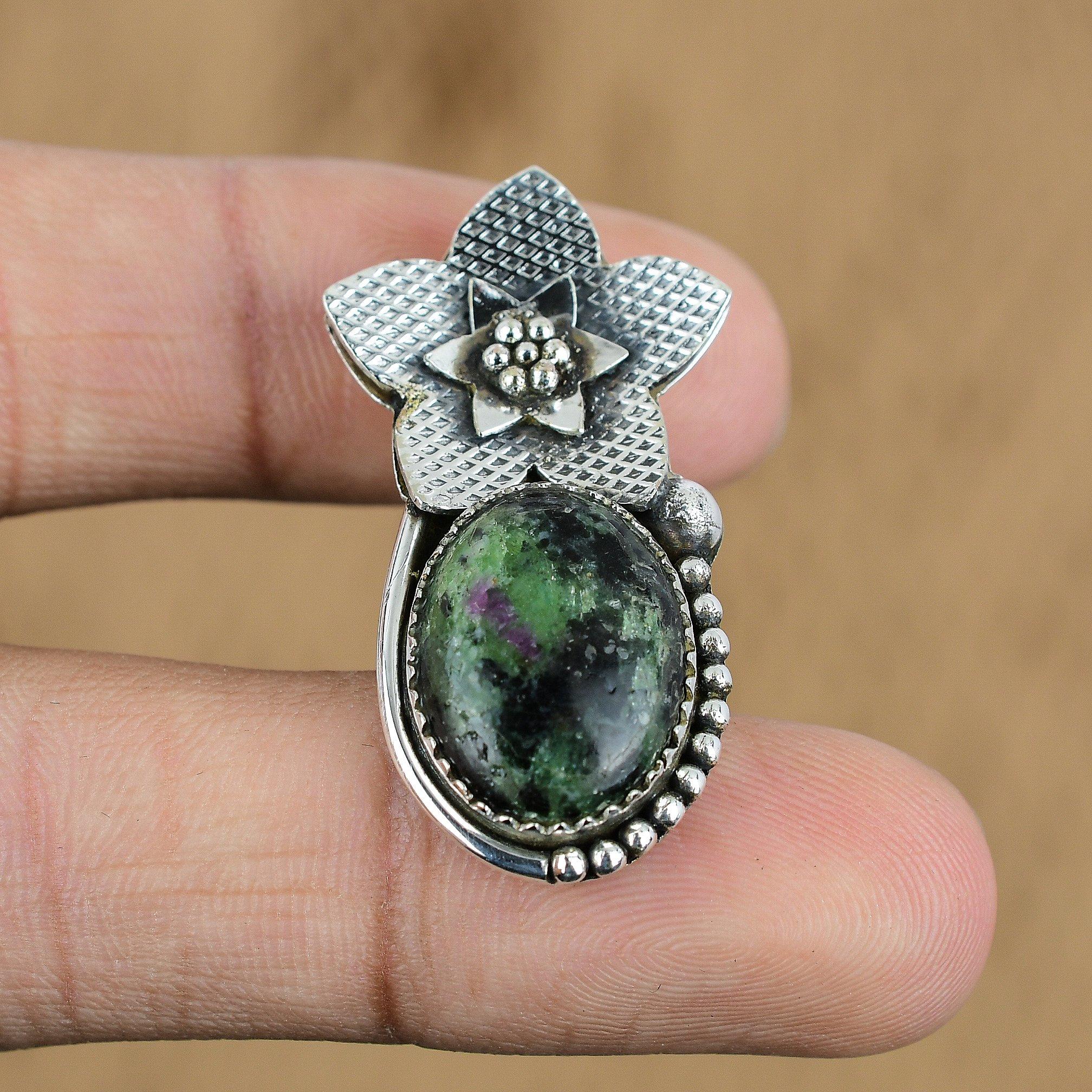 Gift For Women Pendant Flower 925 Sterling Silver Natural Ruby Zoisite Gemstone