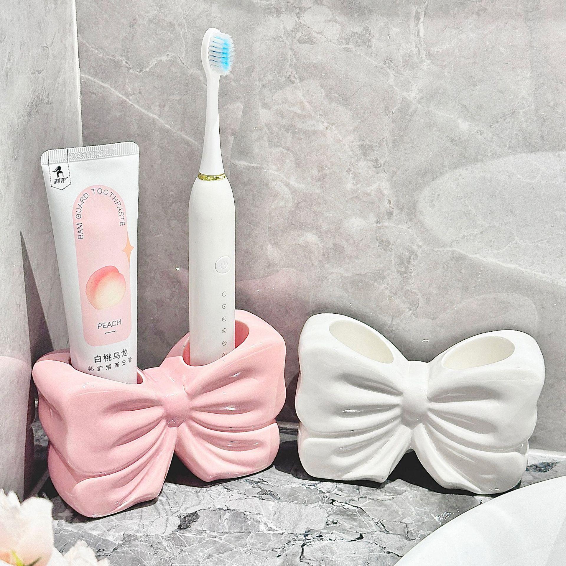 1pc Ceramic Bow Toothbrush Holder Ornament Ceramic Toothbrush Toothpaste Storage Rack Bathroom Accessories Brush Holder