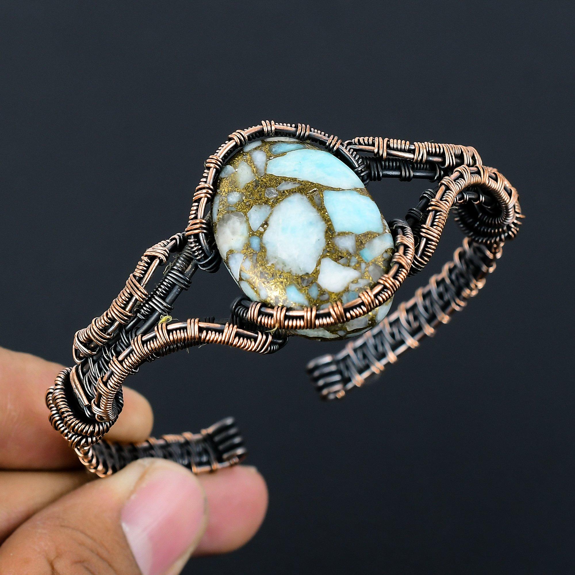 Dazzling Copper Larimar Gemstone Handmade Copper Wire Wrap Jewelry Adjustable Cuff For Love
