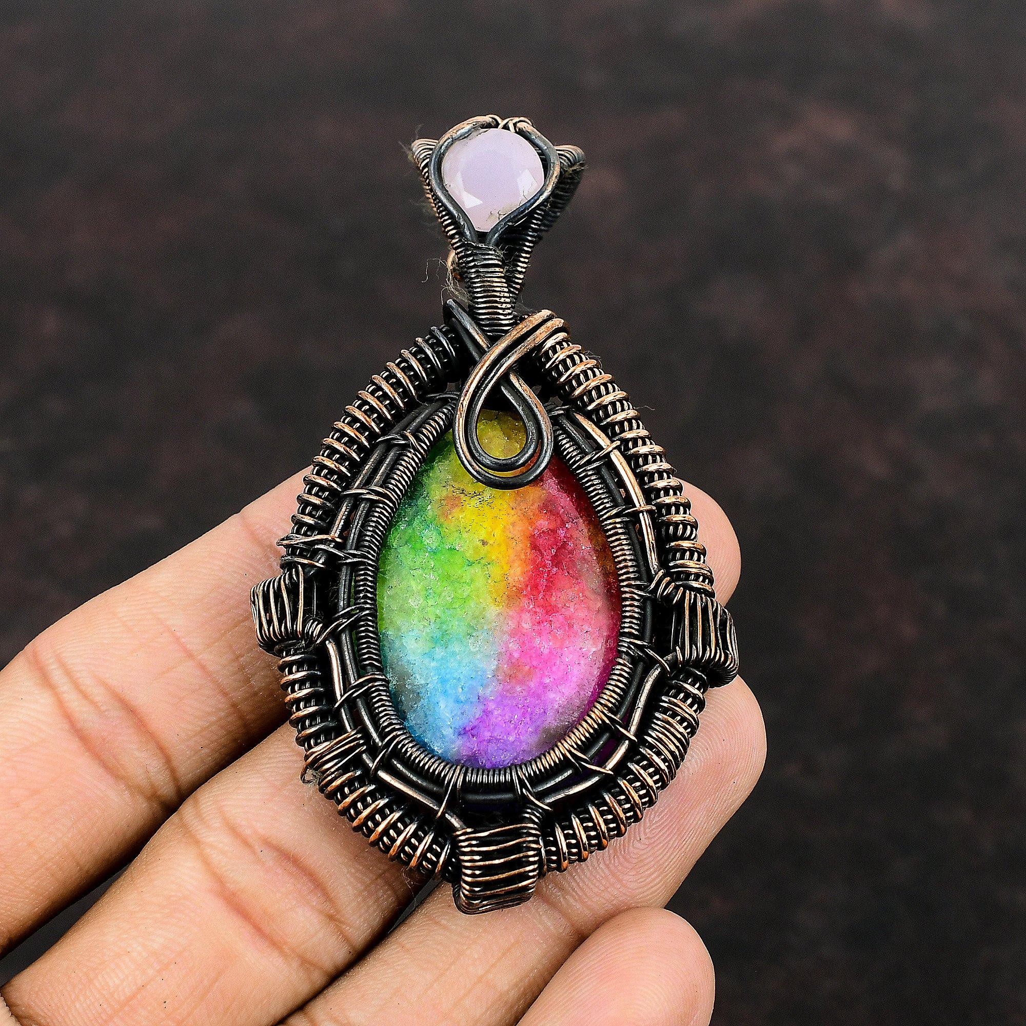 Rainbow Solar Quartz Druzy Pendant Copper Wire Wrapped Pendant Pink Chalcedony Pendant Gemstone Copper Jewelry Gift For Him Handmade Jewelry