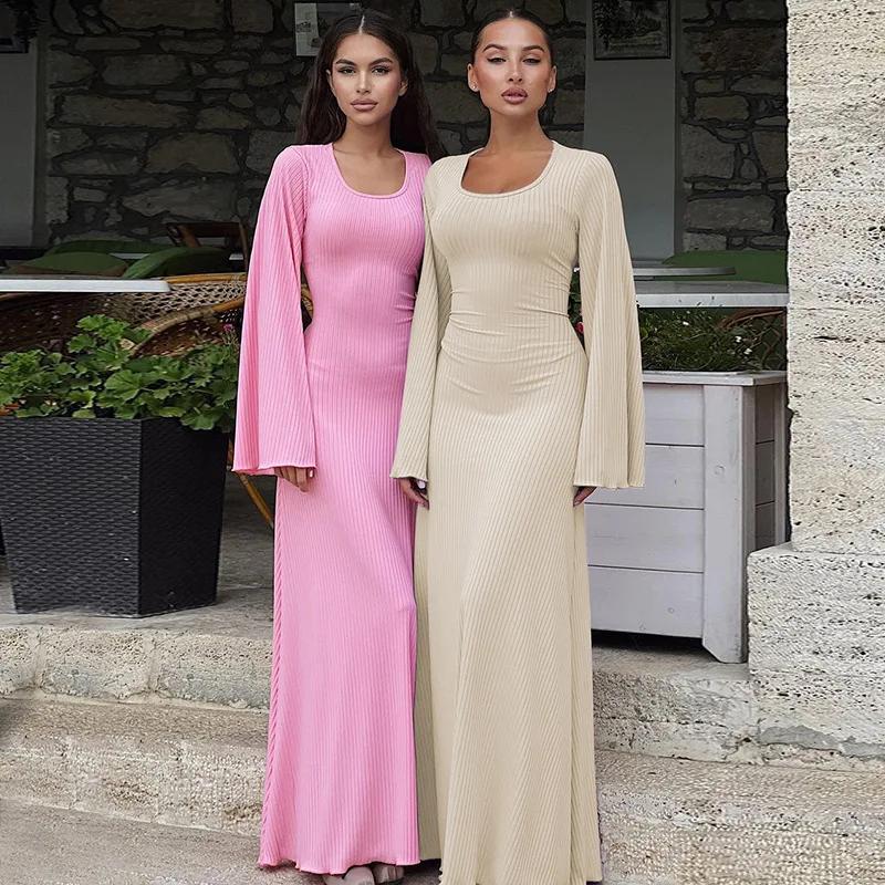 Long Flare Sleeved Maxi Floor-Length Dress Summer Solid Fashion Casual Office Lady Dresses for Women Slim Sexy Lace-up Dresses