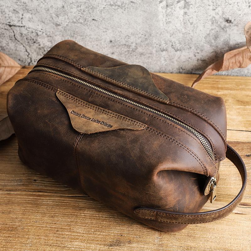 CONTACT'S Crazy Horse Genuine Leather Travel Bag For Men Cosmetic Bag Toiletry Bag Men Wash Bag