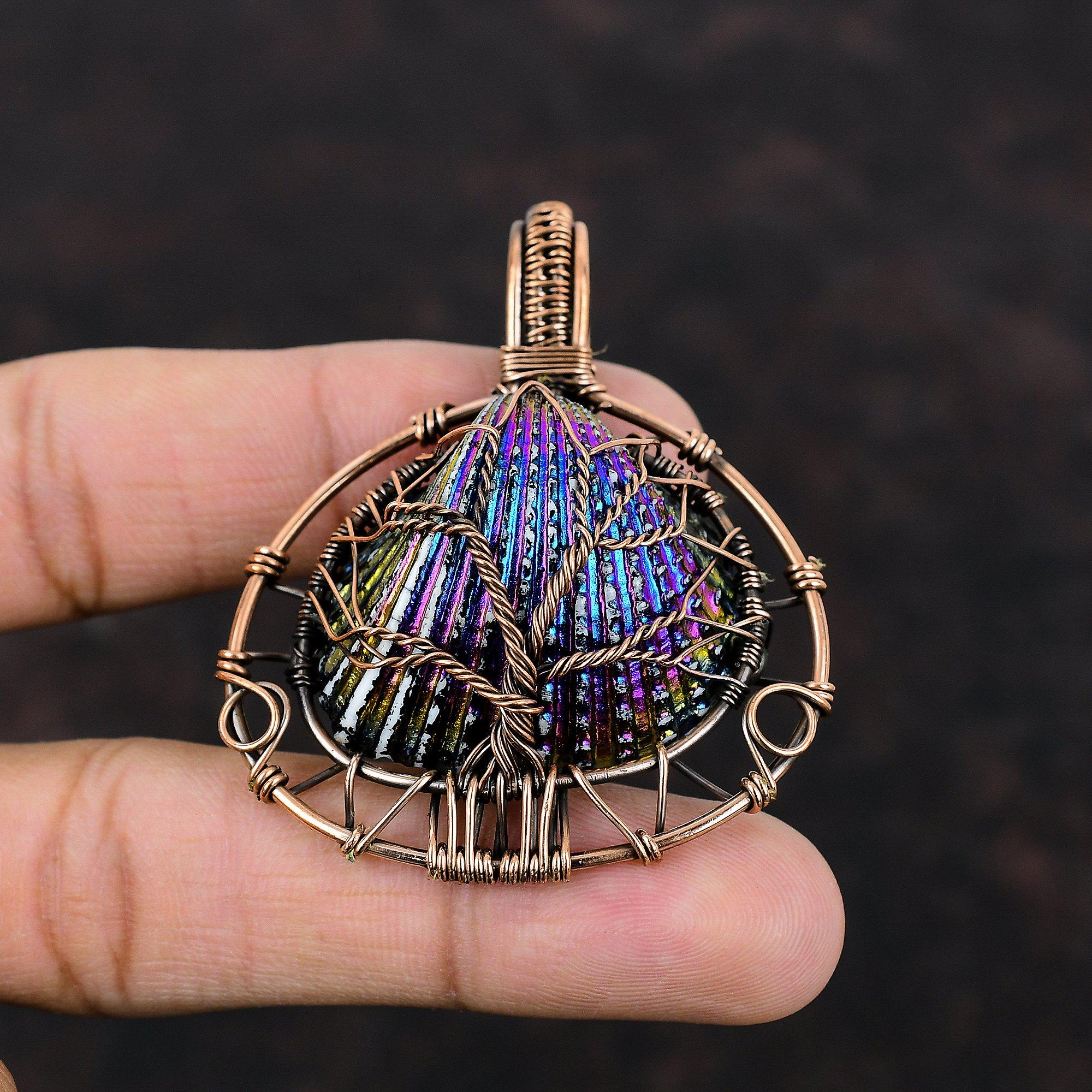 Tree Of Life Titanium Coated Shell Pendant Copper Wire Wrapped Pendant Handmade Dainty Pendant Copper Wire Jewelry Gemstone Pendant For Gift