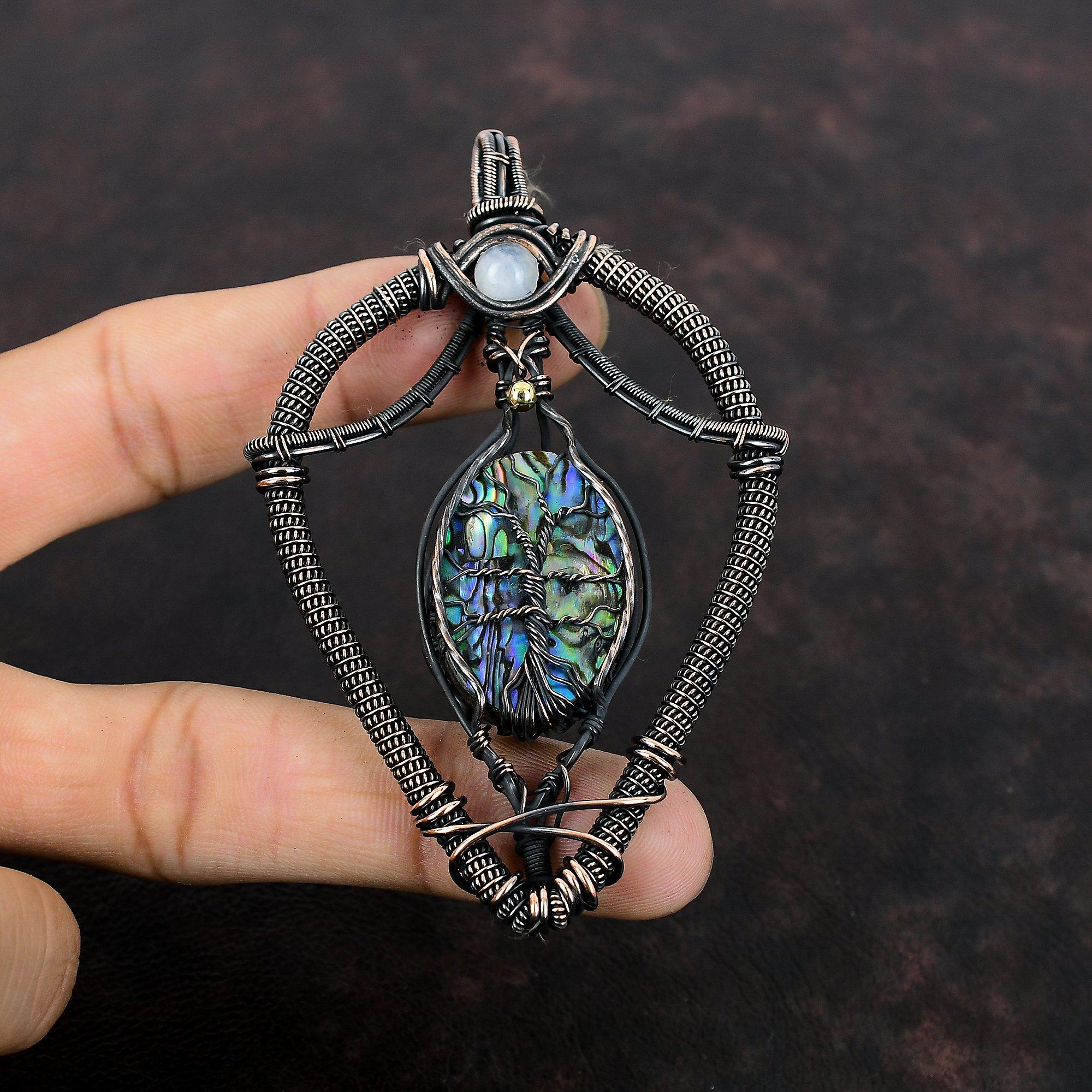Tree Of Life Abalone Shell Pendant Copper Wire Wrapped Gemstone Pendant Rainbow Moonstone Pendant Handmade Pendant Beautiful Copper Jewelry