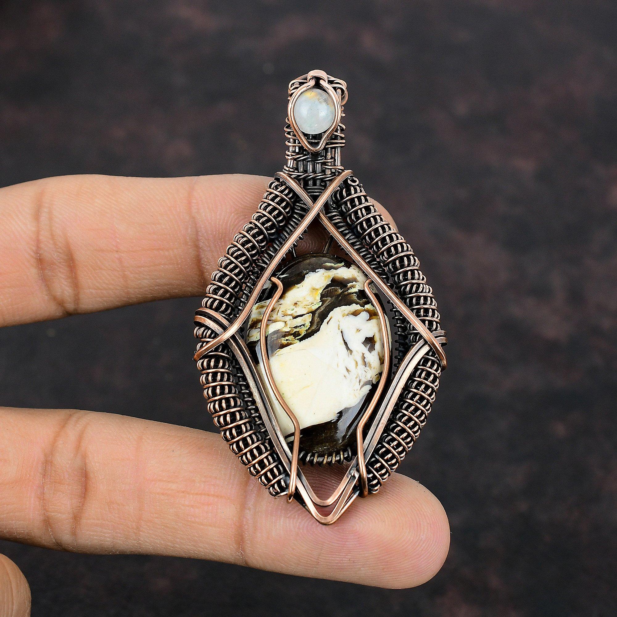 Peanut Wood Jasper Copper Wire Wrapped Pendant Rainbow Moonstone Pendant Gemstone Jewelry Gift For Wife Copper Wire Jewelry Handmade Pendant