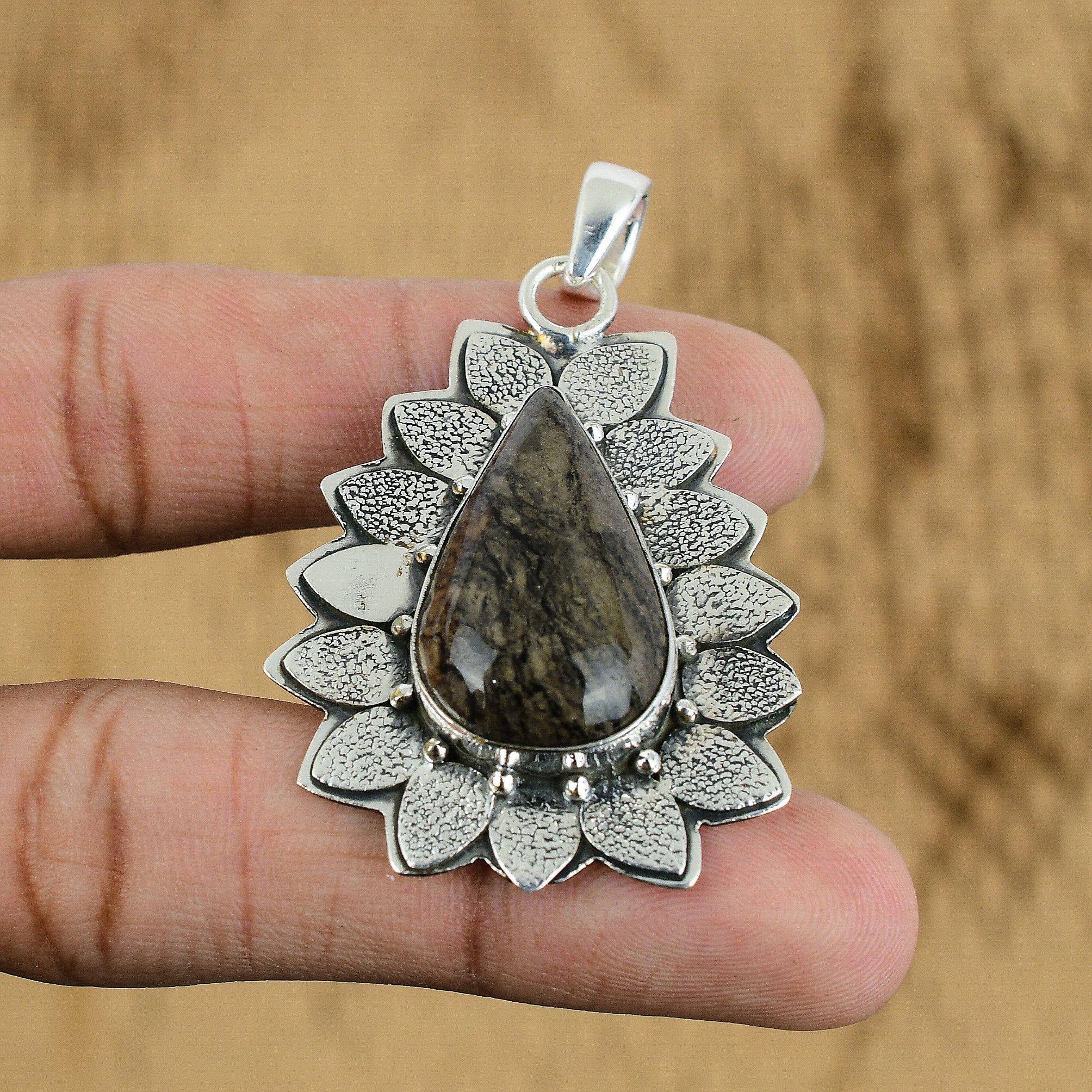 Gift For Her 925 Sterling Silver Natural Silver Leaf Jasper Gemstone Pendant