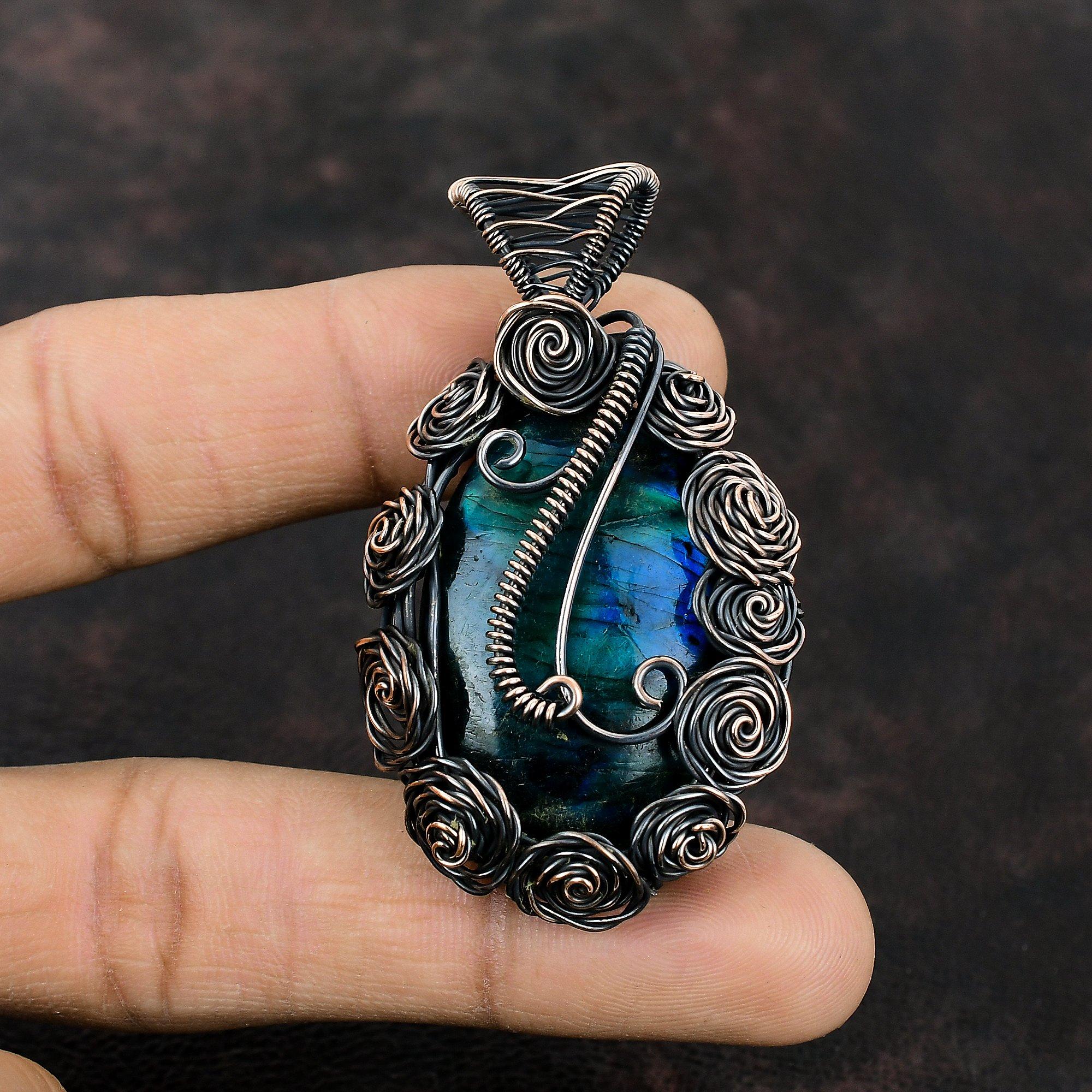 Neon Flash Labradorite Pendant Copper Wire Wrapped Gemstone Pendant Handmade Wire Wrapped Jewelry Labradorite Copper Jewelry Gift For Mother