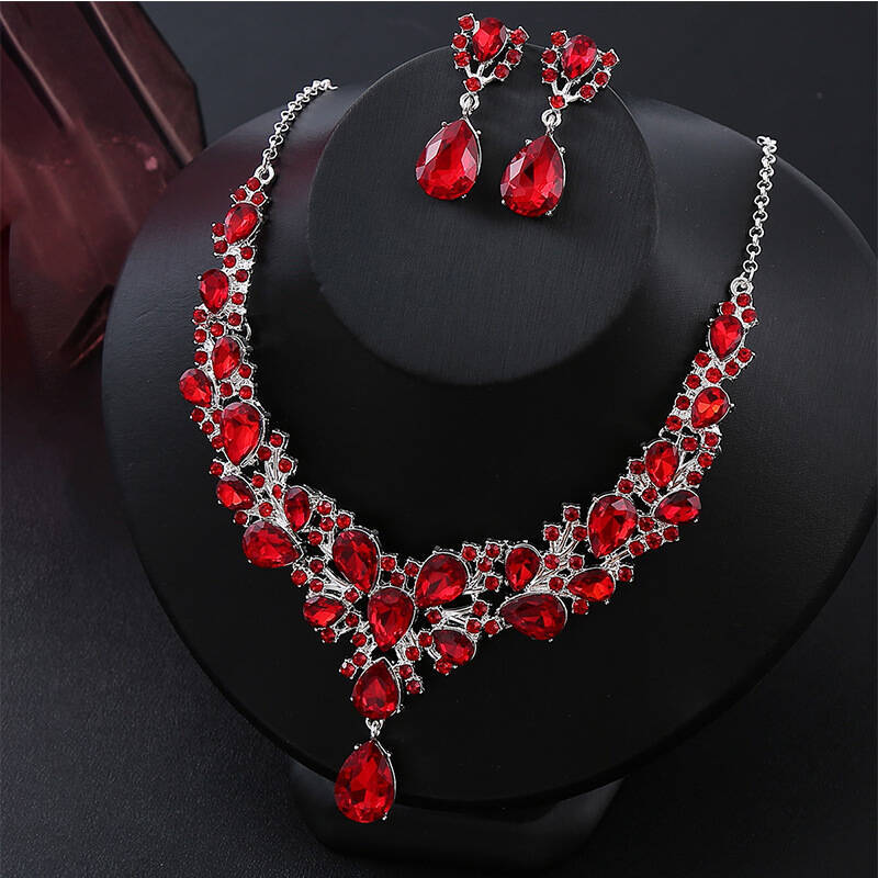 Bridal Teardrop Cluster Crystal Jewelry Set for Women Necklace Earrings Wedding Accessory