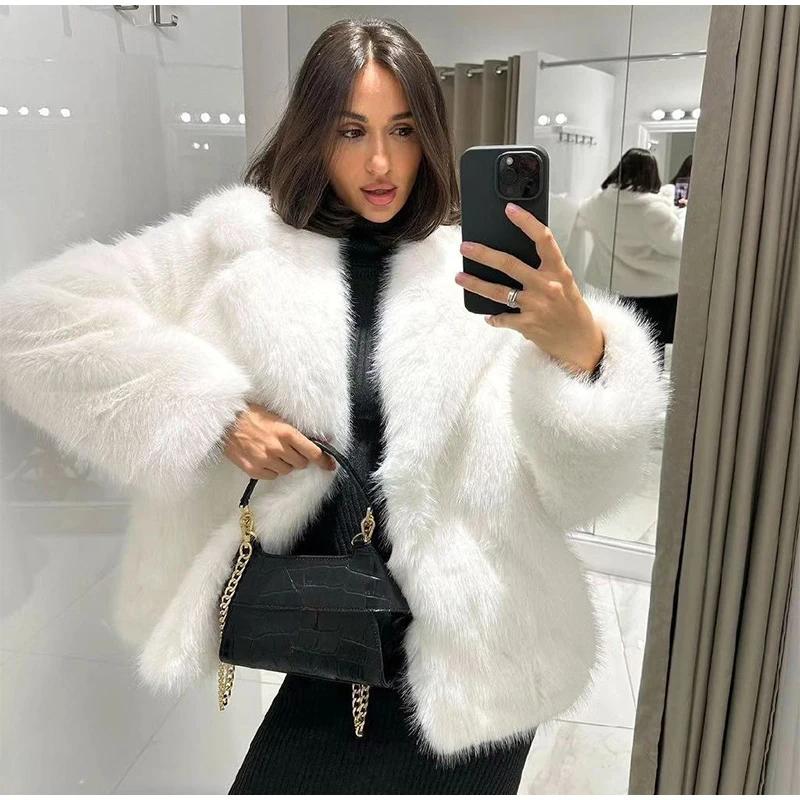 Casual Vintage Faux Fur Jacket Women Loose Lapel Long Sleeves Furry Coat Autumn Winter Thicken Luxury Plush Overcoat