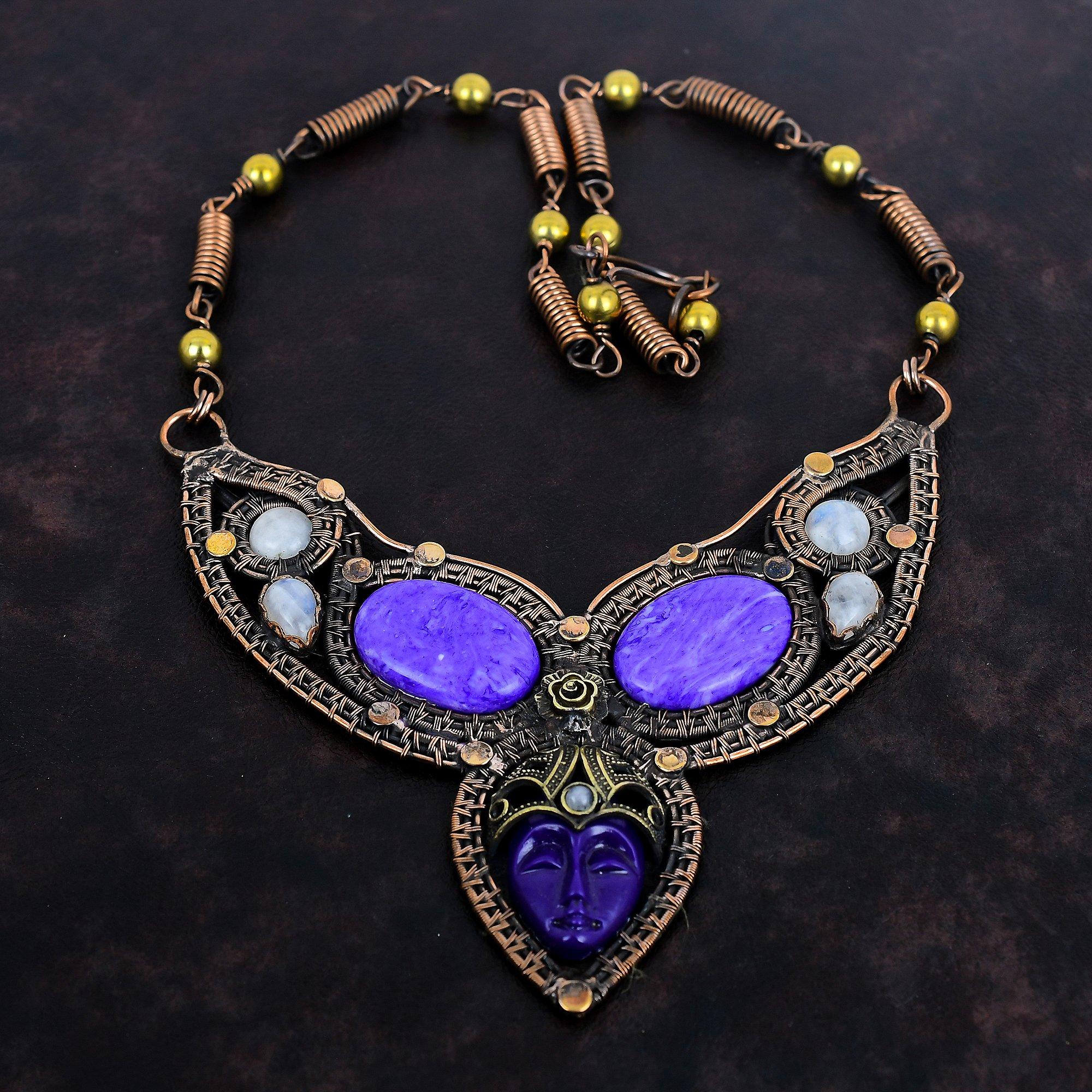 Purple Carved Bone Face Necklace Charoite Necklace Copper Wire Wrapped Necklace Adjustable Chain Necklace Rainbow Moonstone Gemstone Jewelry