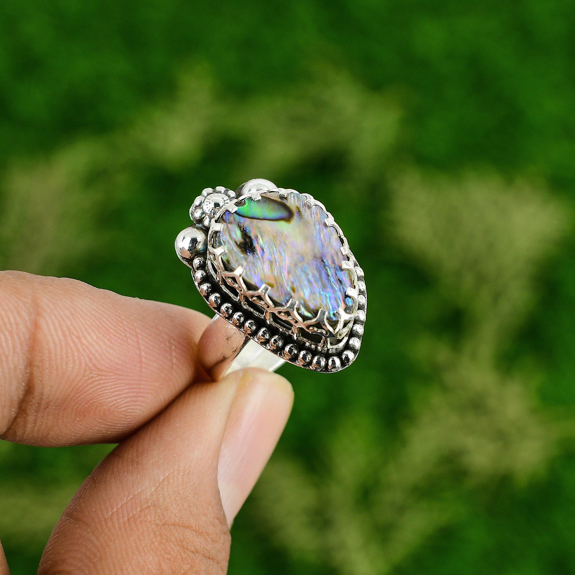 Natural Abalone Shell Gemstone Statement Adjustable Ring 925 Silver For Women