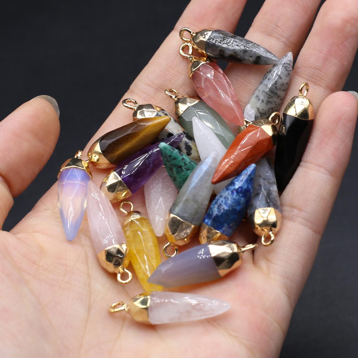 1PC Hand Carved Bullet Shape Stone Pendant, Natural Stone Crystal Charms for DIY Necklace Jewellery Accessories 27x8 Mm