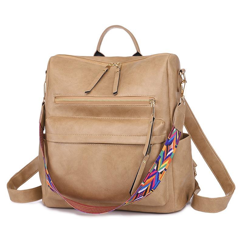 Retro High Capacity Women's Backpacks High Quality PU Leather Waterproof Ladies Shoulders Bag Fashionable Widened Shoulder Strap Girl Female Rucksacks