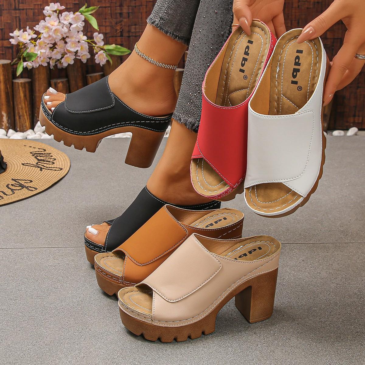 Plus Size Women Summer One Strap Thick Platform Chunky Heel Fish Mouth Slide Sandals Open Toe Height Increasing Beach Outdoor Shoes