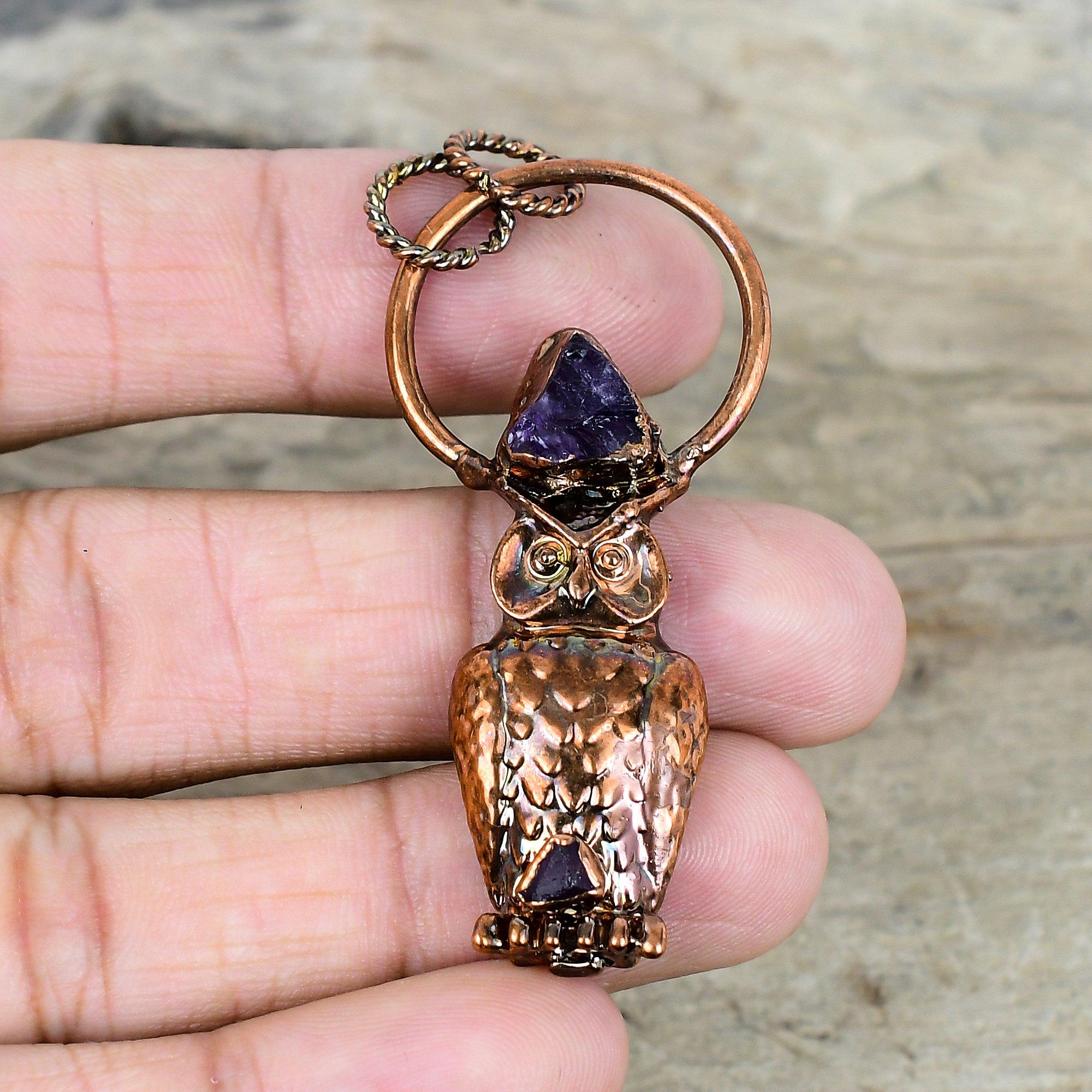 African amethyst rough gemstone pendant electroformed copper jewelry owl pendant handmade jewelry electroformed copper pendant gifts for mom