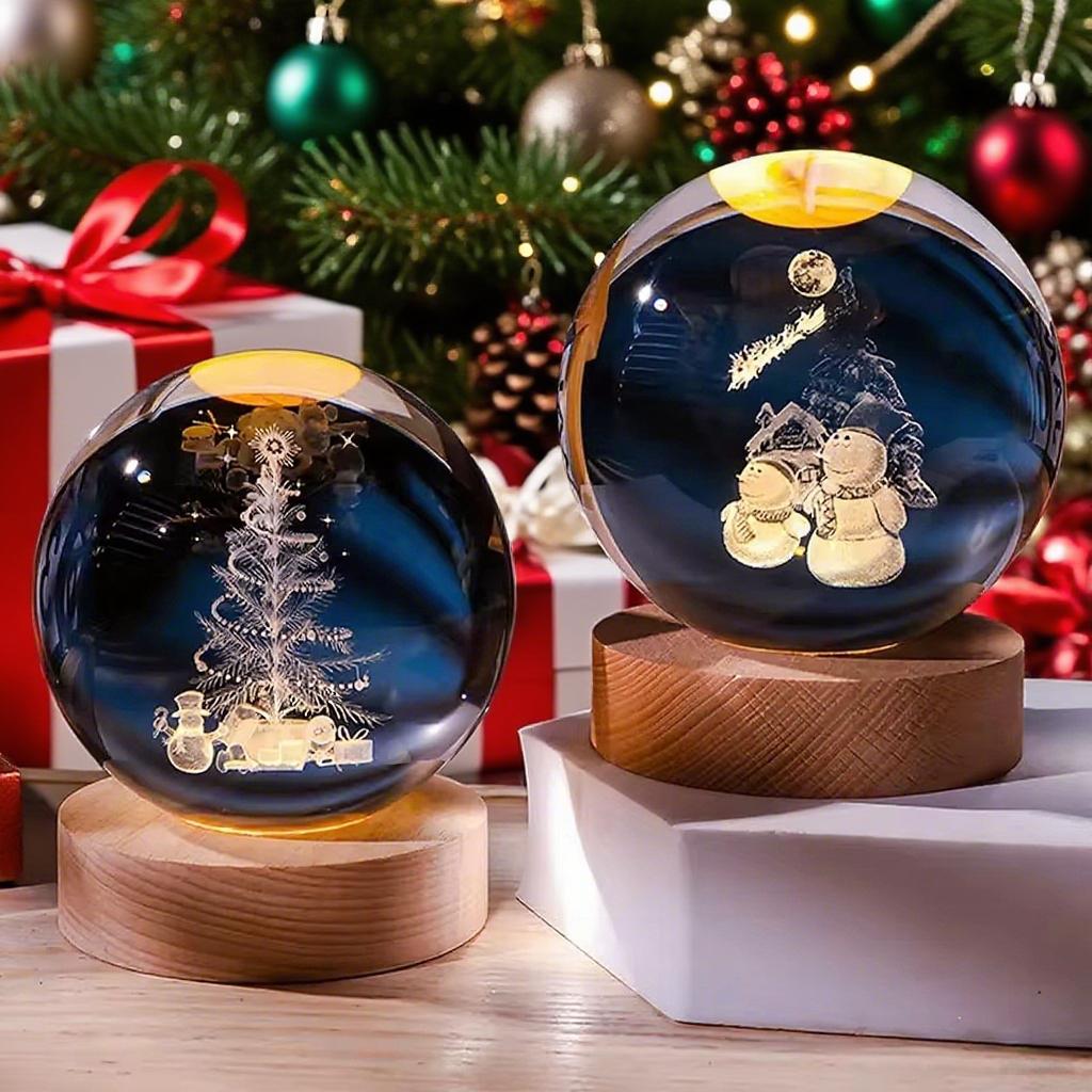 USB 3D Crystal Ball Night Light Engraved Santa Claus Snowman Globe LED Glass Sphere Wooden Base Birthday Gift Home Decorations