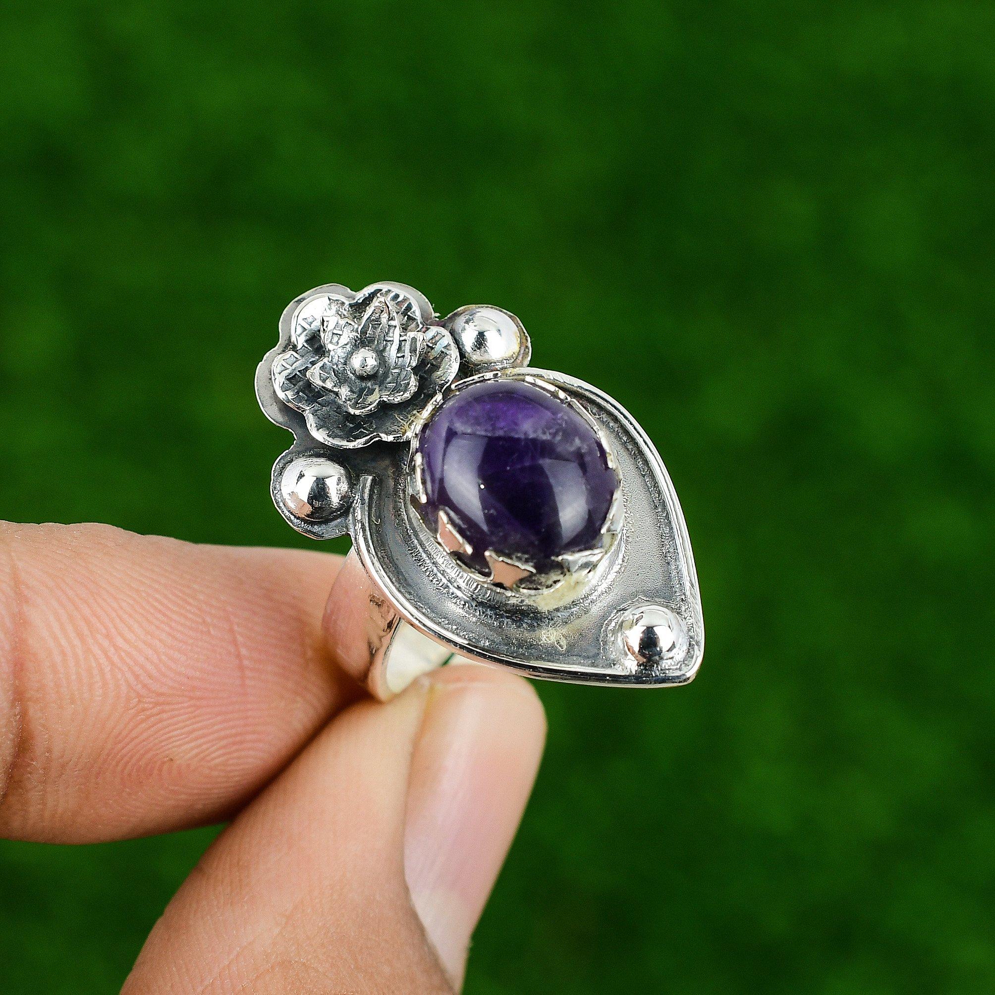 Multi Stone Flower Adjustable Ring 925 Silver Natural Chevron Amethyst