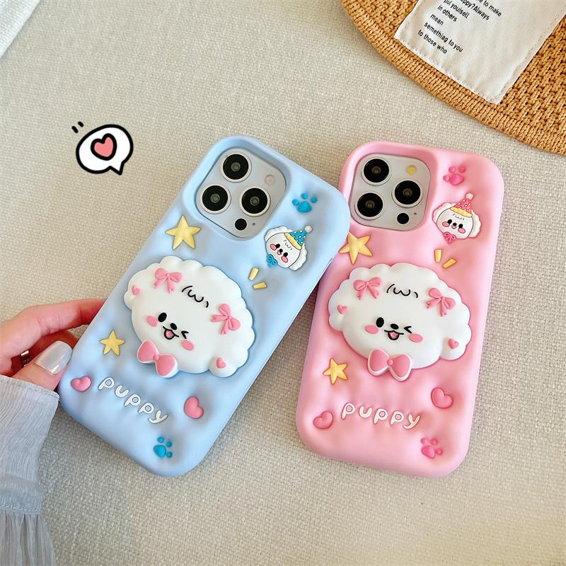 Cute Squeezing Pressure Reducing Puppy Silicone Phone Case For iPhone 16 15 14 13 12 11 Pro Max Telescopic Support Shockproof Cover For iPhone
