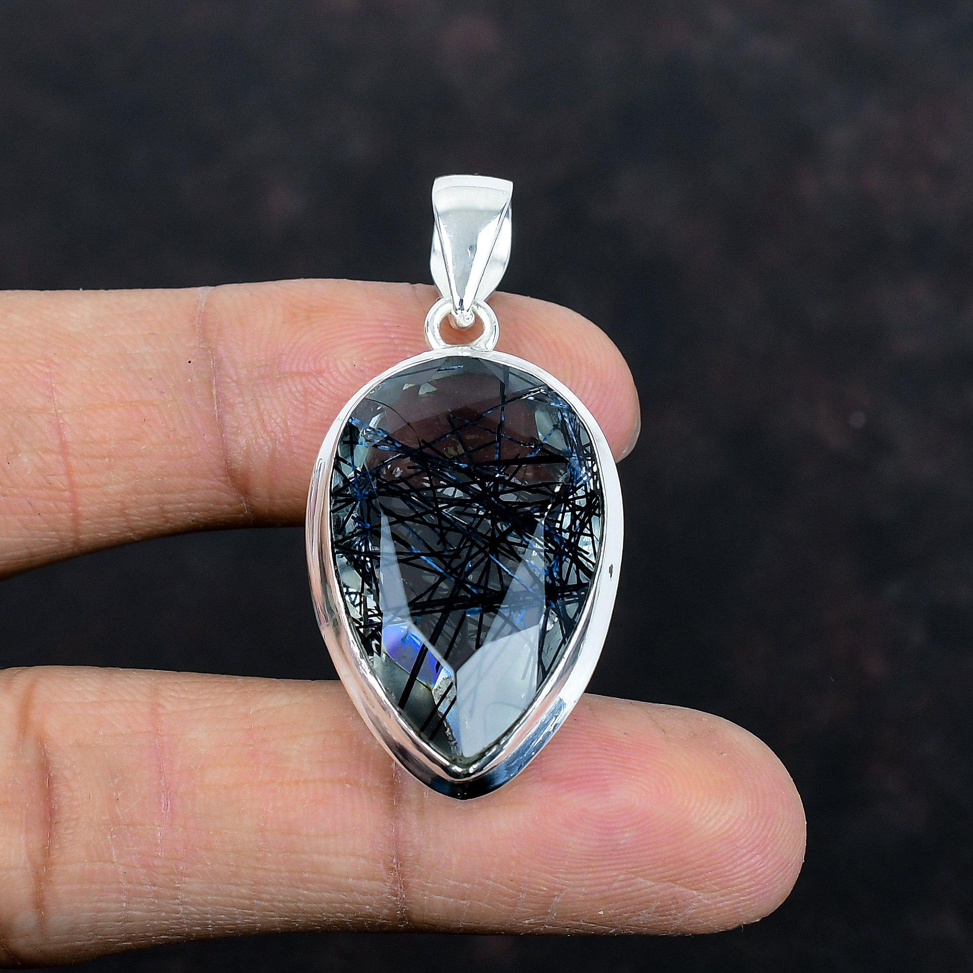 Faceted Black Rutile Pendant Natural Gemstone Pendant Amazing Jewelry 925 Sterling Silver Pendant Handmade Birthstone Pendant Gifts for Wife