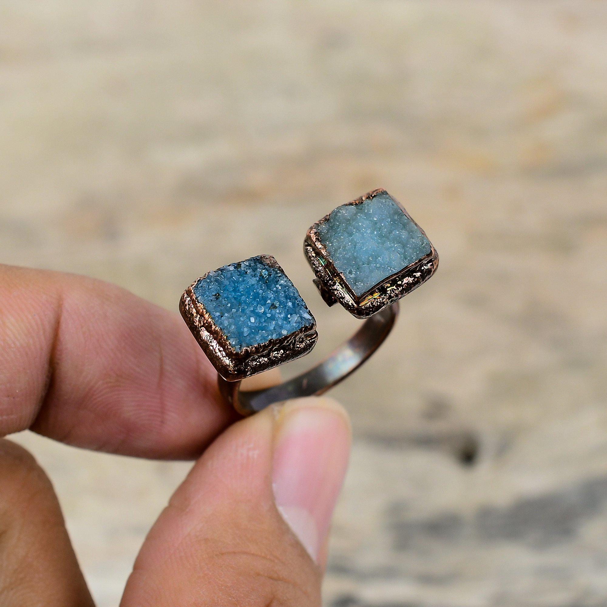 Blue Druzy Ring Electroformed Copper Ring Adjustable Ring Blue Druzy Jewelry Handmade Real Gemstone Rings Gift For Him Electroformed Jewelry